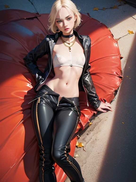 (best quality, 8k, highres, photorealistic:2.0), (solo, one girl:2.0),(lighting:front),(lighting: strong),(american beauty:2.0),(women of adult age:1.6),(girl is very muscular:1.5),(shiny skin:1.5),(oily skin:1.5),(platinum blonde hair color:1.5),(flat chest:1.5),(((small breasts))),(The location is a downtown street),(ultimate beautiful girl),(energetic woman),(slut girl fashion style wear),(((Super low rise pants))),((jacket zip full open)),(navel is visible),(abdomen is visible),(waist is visible),(((hip hugging pants))),Blush brown makeup , dark eye makeup ,pink lipstick,(big eyes girl:1.3),(((girl's sexual charm))),(The girl's amazing sex appeal),(unzip pants:1.5),(Open the bottom zipper:1.5),(gold necklace),