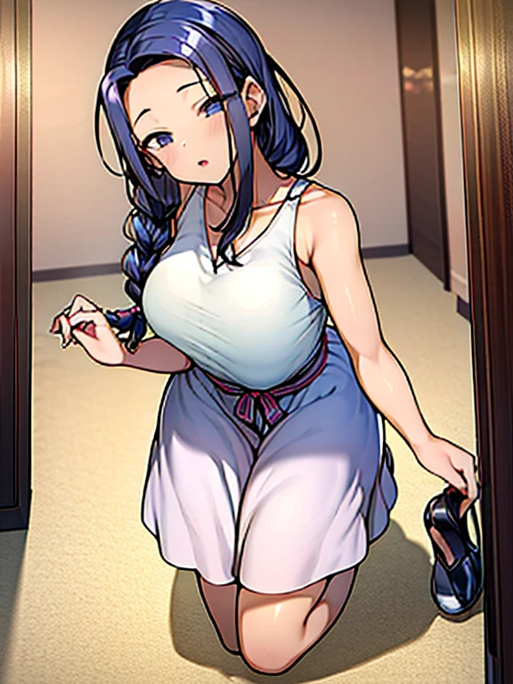 ((highest quality)), ((masterpiece)), (be familiar with), perfect face, one girl、、big breasts、small face、long hair、silky hair、Braid in one place、Pastel blue colored hair、Clothes with protruding shoulders、white colored clothes、Sheer clothes、Clothes without sleeves、ギンガムチェックのmini skirt、mini skirt、Full body figure、つま先から頭のてっぺんまでのFull body figure、足先から頭までのFull body figure、crawl on all fours、No underwear、Zori sandals、