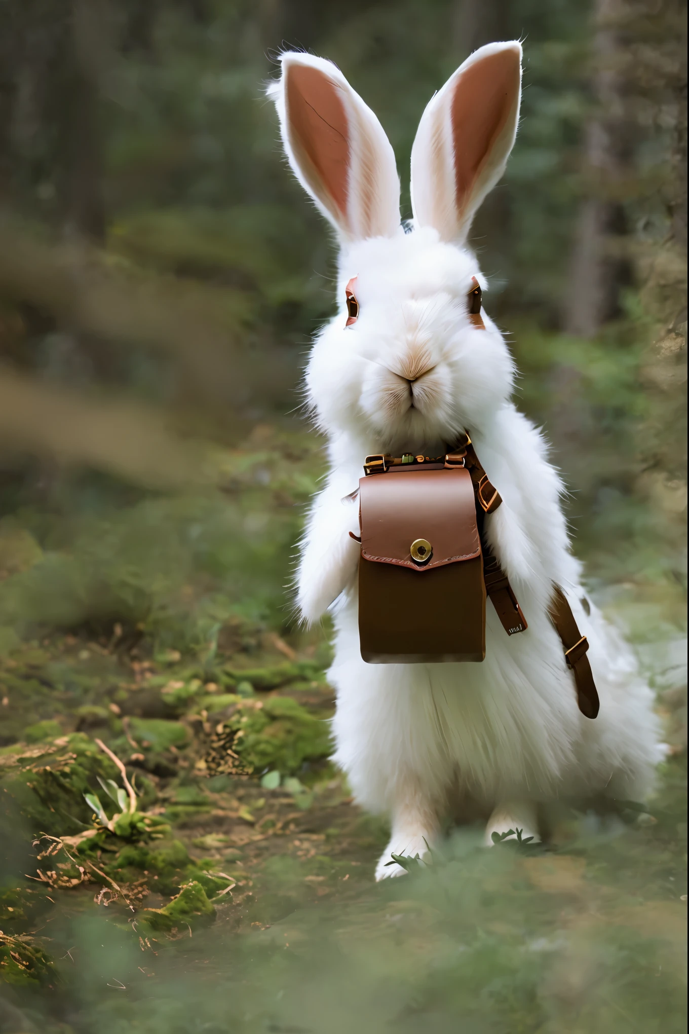 classicnegative portrait photo, fantasy video game character concept art, a cute white fluffy rabbit wearing a small brown leather backpack looking at a map hiking through a forest, dungeons and dragons, fantasy, river, haze, halation, bloom, dramatic atmosphere, 1970s dark fantasy movie, centred, rule of thirds