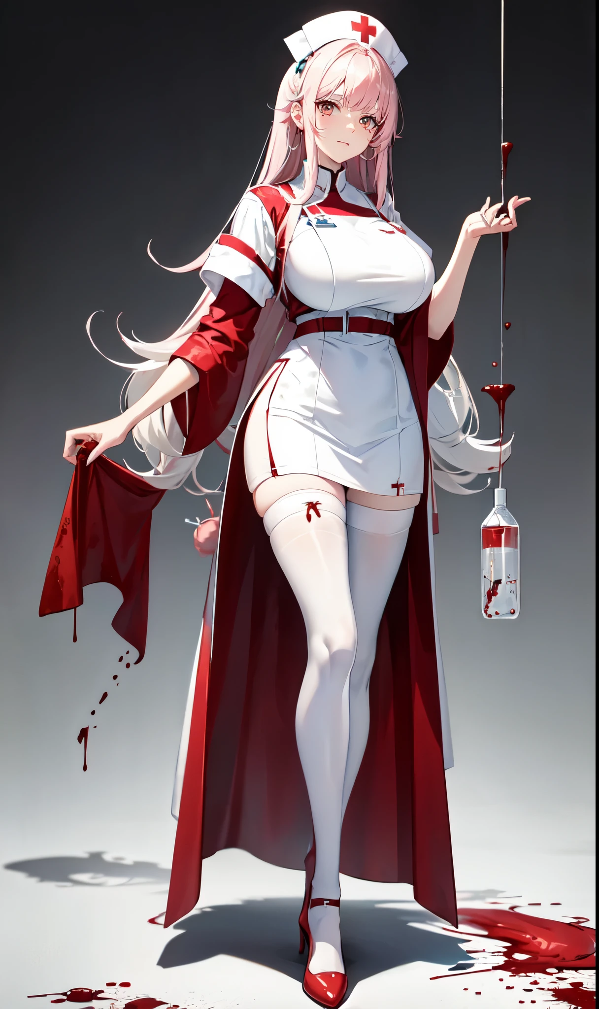 White hospital ward background,Hanging bottle,blood transfusion,light pink hair,Standing close-up,dream world,Sister nurse,(Handheld needle tube),Messy hair,Elongated danphoenix eyes,(white nurse,Handheld needle tube,The scars and blood stains on the body：2.0),(big breast),Blood bag decoration on chest with metal cross background,(Pure white ward：1.9),Gentle and sickly nurse sister,white stockings,High heel,Detailedly drawn backgrounds