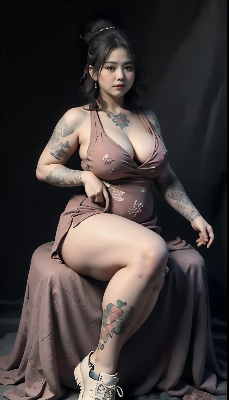 ((best quality)), ((masterpiece)), (detailed), perfect face, Beautiful, mother-in-law, asian-Indonesian , voluptuous, wearing random clothes (formal), In the black room, seductive expression, chubby body, nice body, milf chubby, chinese-Indonesian. Full body, big arm, wide hips , wearing a sneakers, bob hairstyle, baby face , chubby cheeks, 35 year old, chubby tall woman, tattooed thighs , yakuza tattoos , big thighs, big armpits , chubby massive cheeks , thick neck, cold atmosphere, low light, wavy short haired, big breasts, showing her armpits , thick woman