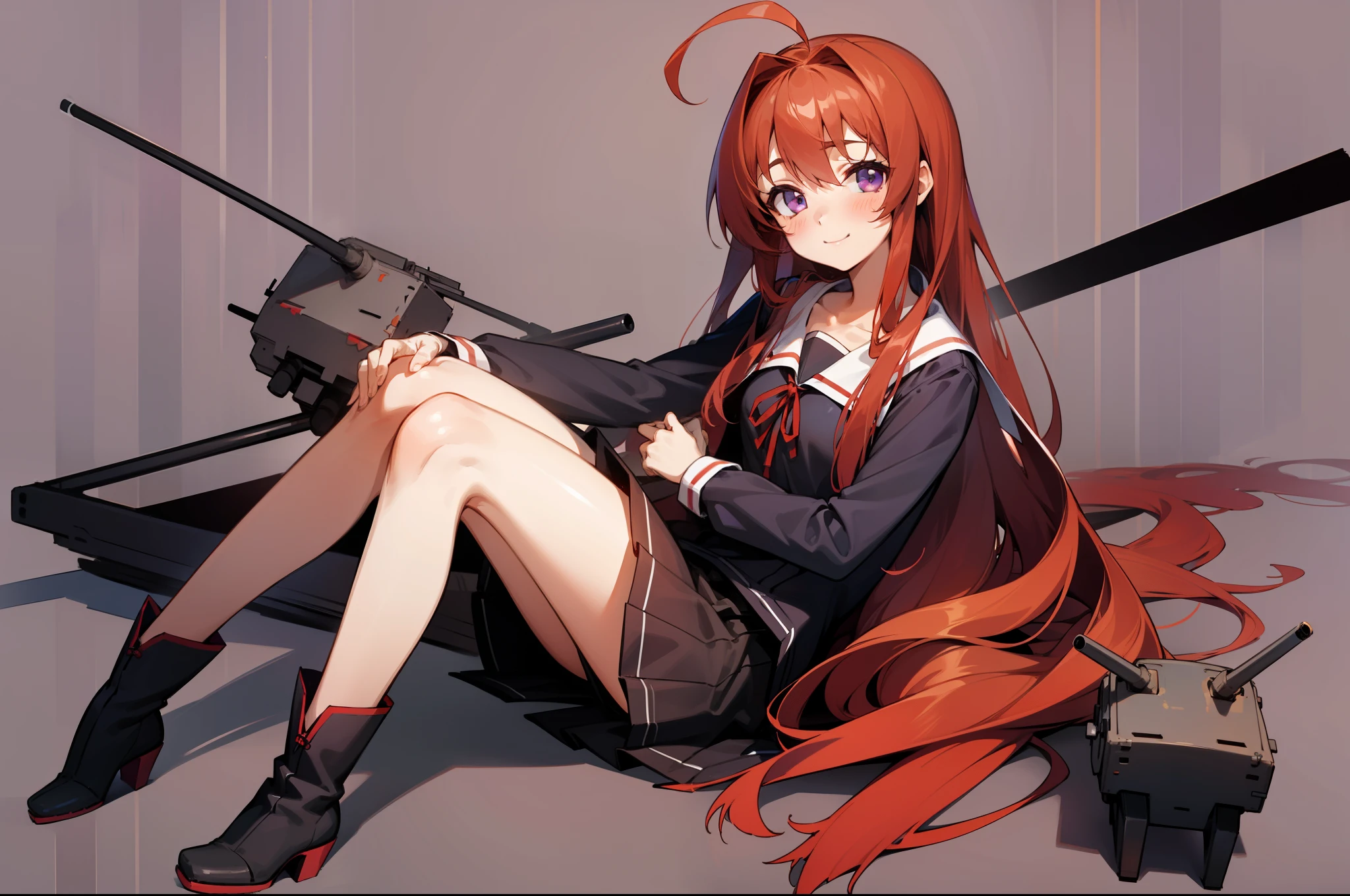 rating:safe, 1girl, long_hair, solo, red_hair, striped, smile, purple_eyes, sitting, boots, looking_at_viewer, blush, uzuki_(kantai_collection), collarbone, ribbon, striped_background, long_sleeves, ahoge