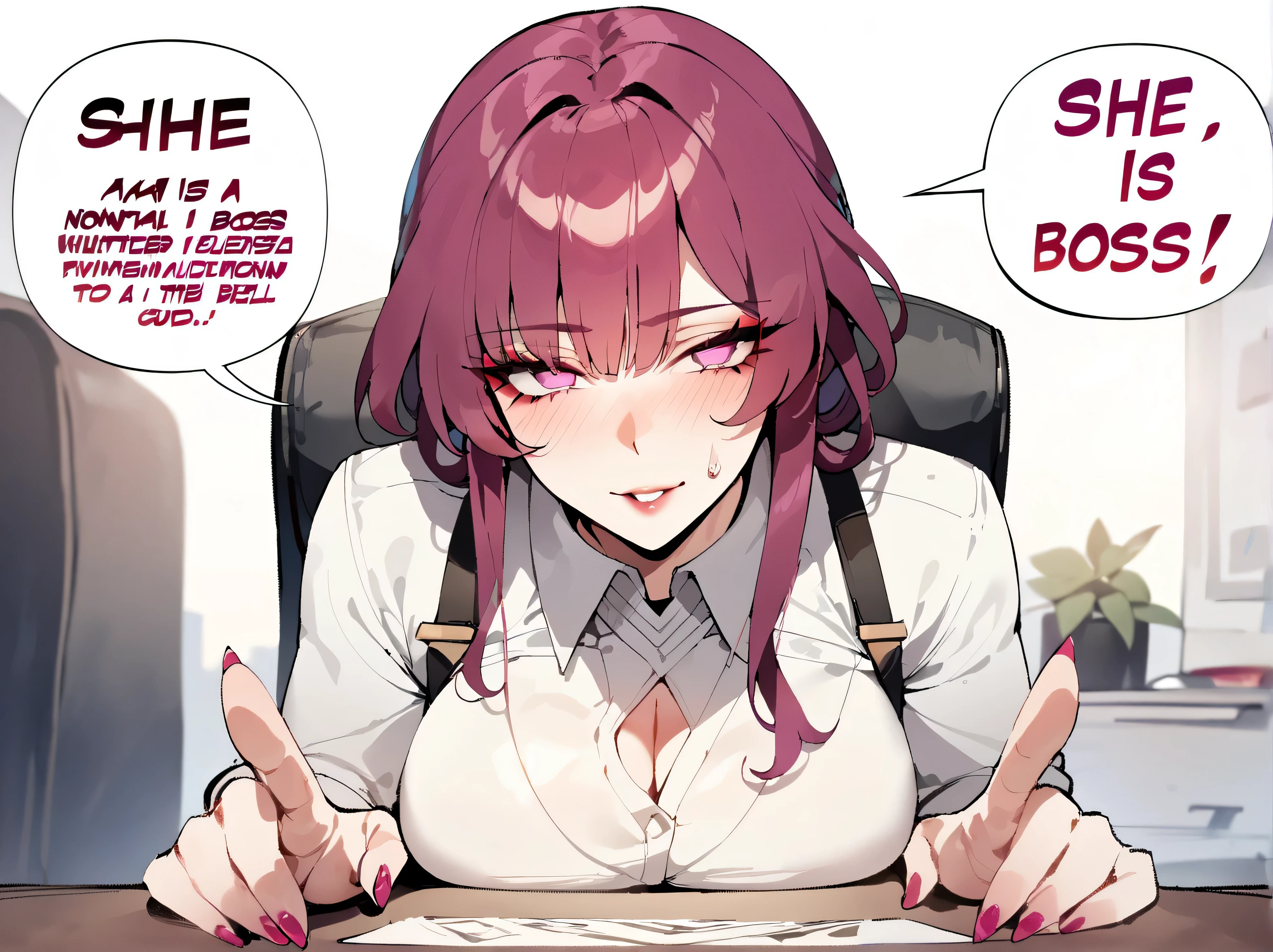 1 girl , Kafka \(Honkai: Star Railway\), Honkai \(Row\)
,(masterpiece, Best quality), newest,, Detailed eyes,Perfect eyes, perfect anatomy, Slim body,simple background,White background, НаRow офисной леди, . from the nanny,black skirt,throw, text cloud, table, throw, sit,She's the boss, one condom in her hands
