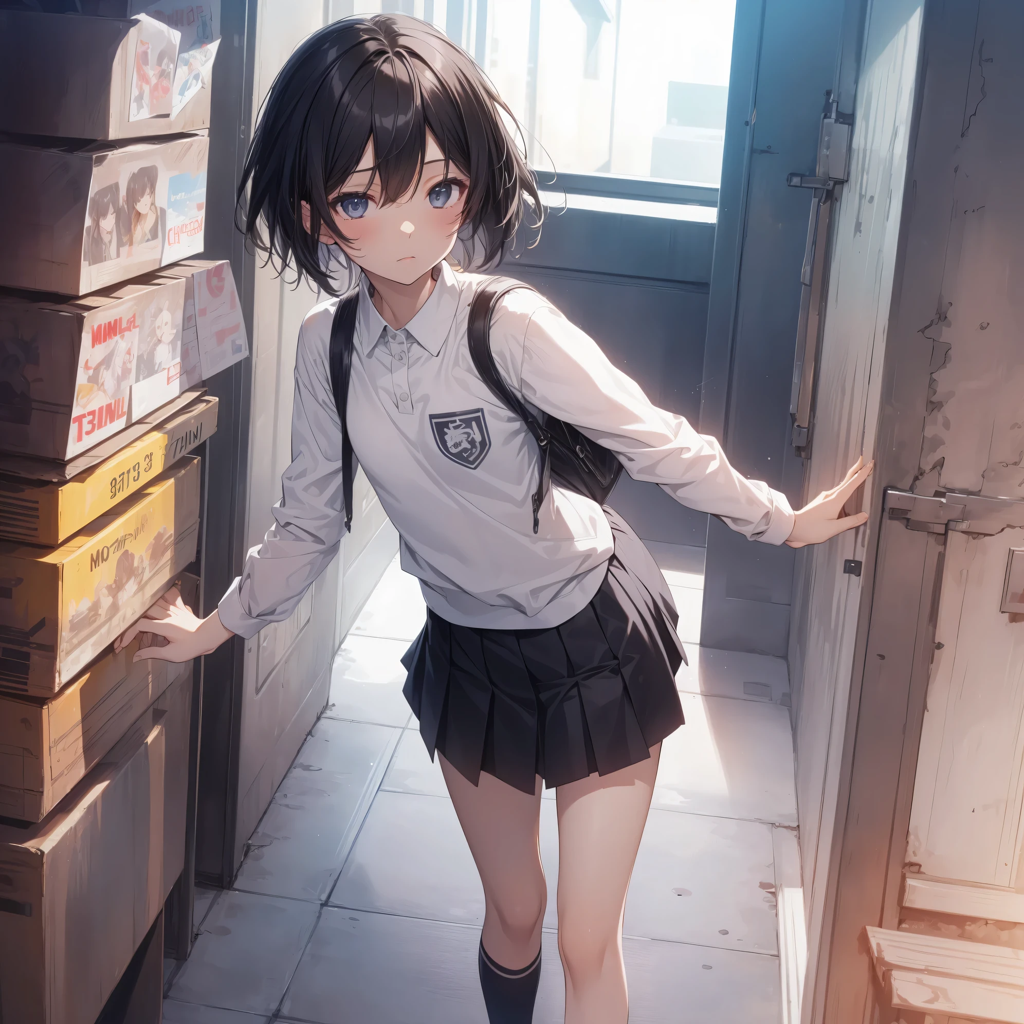 Super high quality by the art god, super detailed, High resolution, Shinkai Makoto style, anime moe art style, best anime 8K konachan wallpaper, pixiv contest winner, perfect anatomy, break,(眠そうにalone学校へ行く女の子を描いてください. )break, 1 girl, (alone,little woman, lolita, , 13 years old:1.3),All limbs, full finger,, The charm of an immature body, (very short hair), flat chest, small ass, between legs, slim legs, Small black eyes, beautiful and fine eyes, Well-proportioned iris and pupils, expressive eyes, disgusted eyes, High resolutionの詳細な髪, wearing school uniform, (skirt),(detailed lighting), (detailed background), On the way to school. break,super dense skin, Best lighting by famous artists, 8K, figure,UHD, rough skin