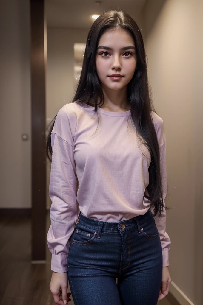 A beautiful girl who smiles at the viewer with tears (17 years old). Appearance: (white skin, long straight black hair, brown eyes, red lips, pink cheeks makeup, small nose, West Russian-like face (Slav-like). Skinny. Purple shirts. Dark blue jeans trousers, with knee-tall boots, weigh 60 kilograms.)