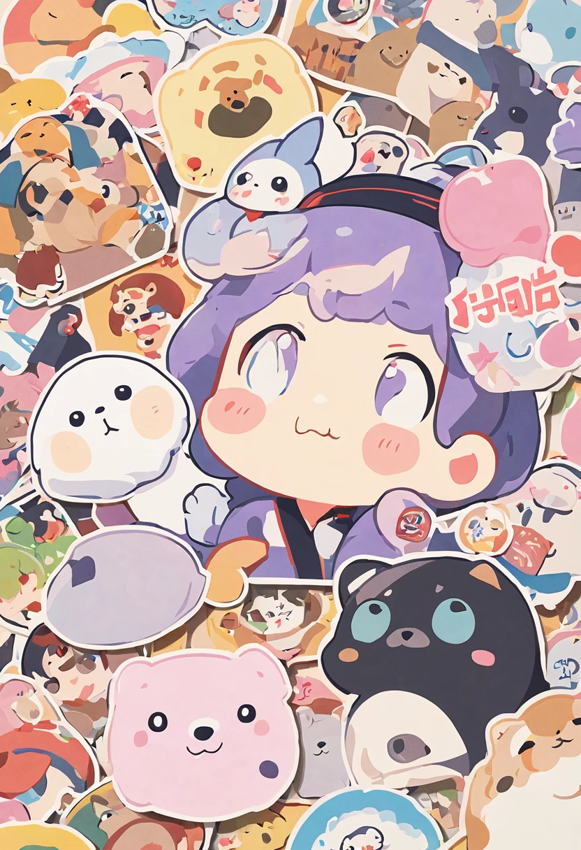there are many different animals and words written in chinese, hand painted cartoon art style, art cover, kawaii cutest sticker ever, sticker illustration, by Shiba Kōkan, by Kōno Michisei, cute features, 中 元 节, by Gusukuma Seihō, stickers illustrations, cute characters, scifi