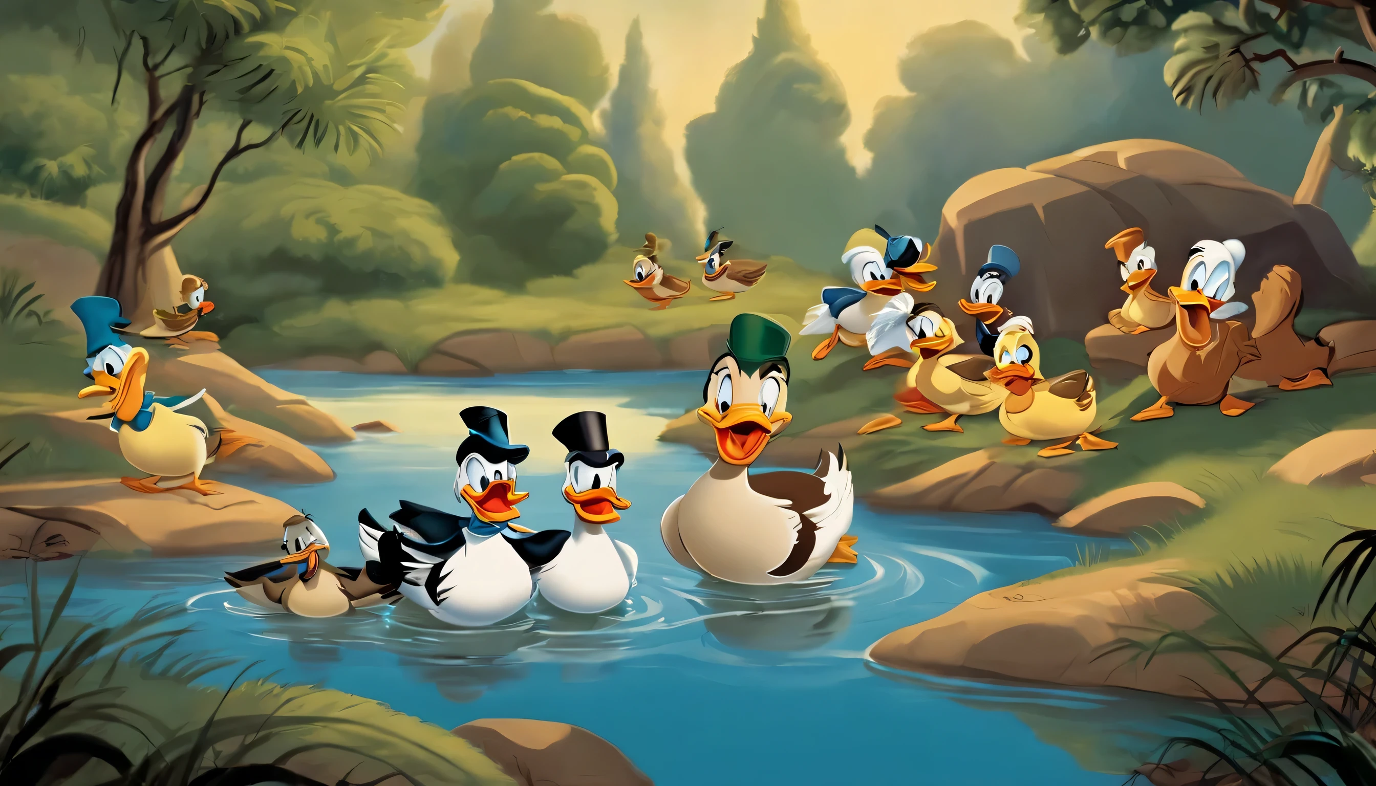 arafed image of a cartoon scene of a group of ducks, by Carl Barks, inspired by Carl Barks, disney concept artists, marc davis artwork, disney concept art, donald duck, production art, marc davis, full color illustration, official art, classic disney mood, bob clampett, inspired by Jacob Duck, vintage disney, donald duck in real life