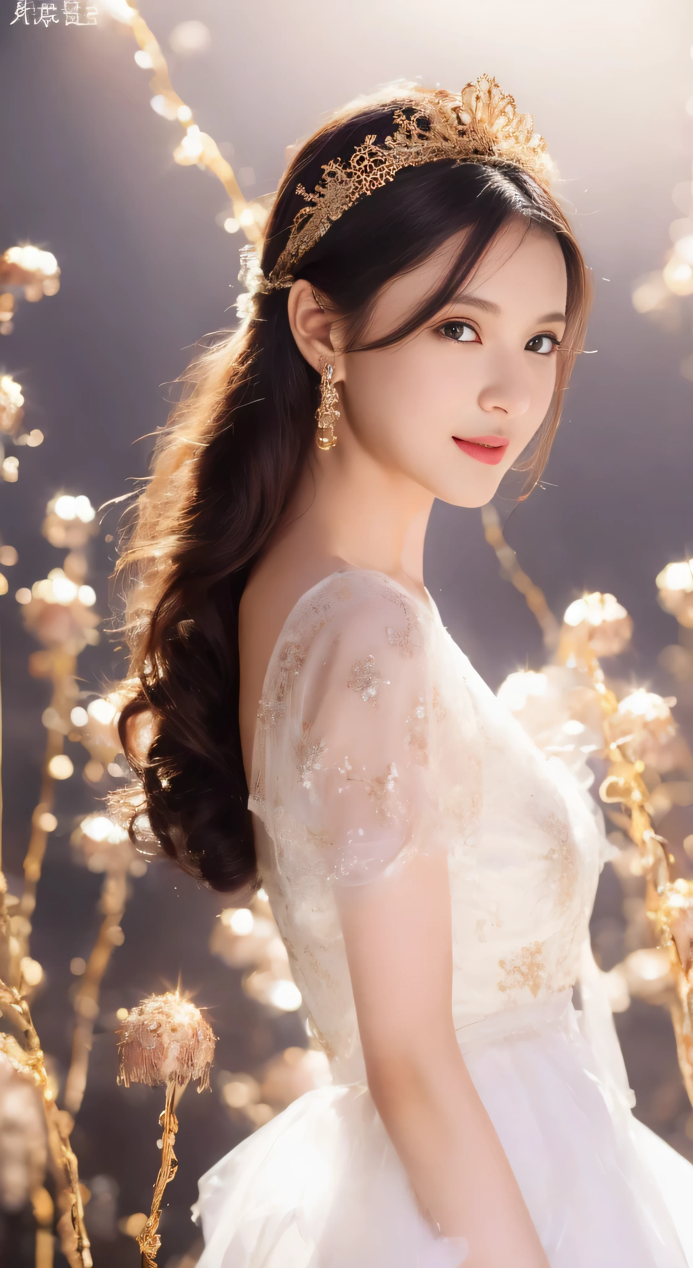 castle in the distance、face is in front、look at the camera、profile、8K、real photos、ultra high resolution, master parts, highest quality, ticker , cinematic images,nice girl、Ann、16 only、Annグロサクソン、double eyelid、droopy eyes、very big eyes、eyes are purple、dark eye shadow、lips are very thin、The tip of your nose grows beautifully...........................................、small nose,,,,, very detailed , silver hair、straight short hair、smile、 sweet expression 、)、very clear shadows , jewelry , fine eyes, Very difficult, shiny skin , パーフェクトブリリAnnト, perfect sentence, dramatic shadow、white tiara on head、Gold necklace around the neck、White aristocratic dress with gold embroidery、glass high heels、angel wings