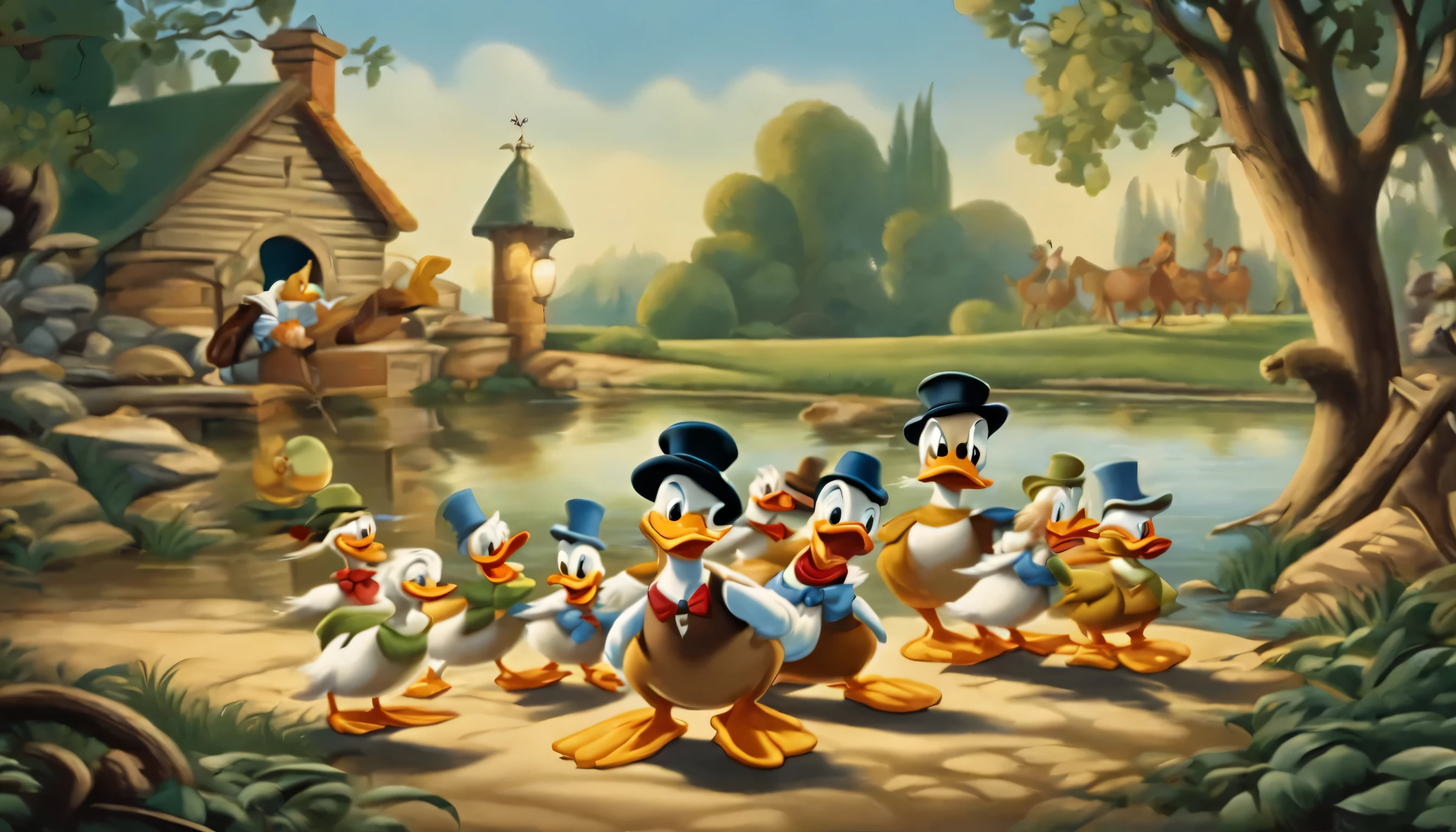 arafed image of a cartoon scene of a group of ducks, by Carl Barks, inspired by Carl Barks, disney concept artists, marc davis artwork, disney concept art, donald duck, production art, marc davis, full color illustration, official art, classic disney mood, bob clampett, inspired by Jacob Duck, vintage disney, donald duck in real life