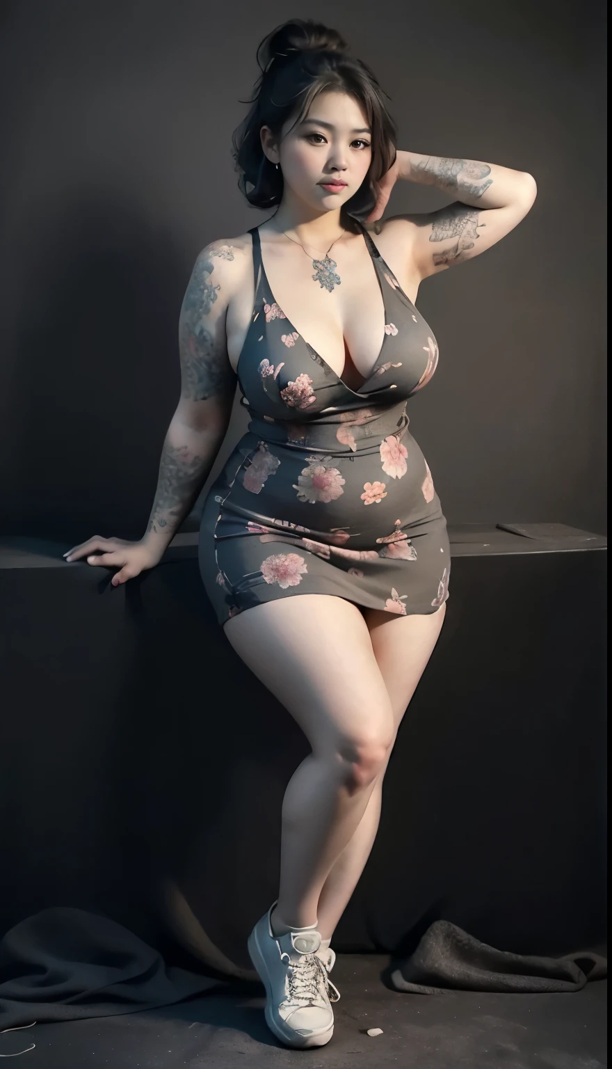((best quality)), ((masterpiece)), (detailed), perfect face, Beautiful, mother-in-law, asian-Indonesian , voluptuous, wearing random clothes (formal), In the black room, seductive expression, chubby body, nice body, milf chubby, chinese-Indonesian. Full body, big arm, wide hips , wearing a sneakers, bob hairstyle, baby face , chubby cheeks, 35 year old, chubby tall woman, tattooed thighs , yakuza tattoos , big thighs, big armpits , chubby massive cheeks , thick neck, cold atmosphere, low light, wavy short haired, big breasts, showing her armpits , thick woman