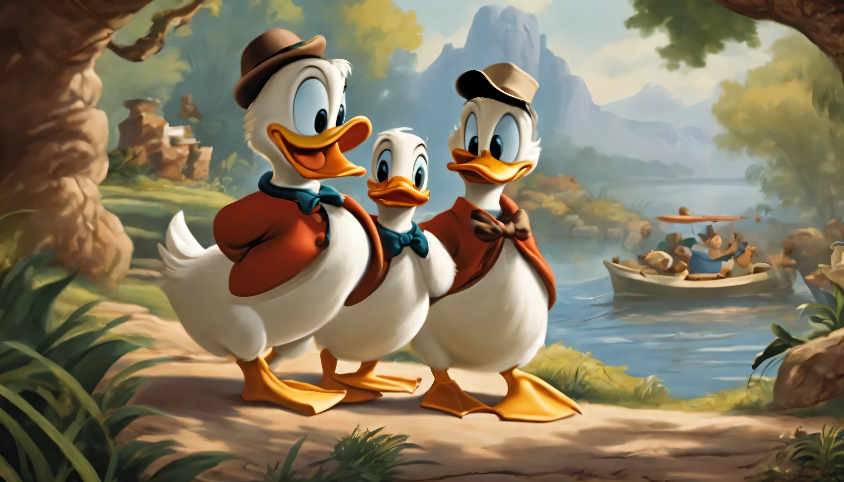 arafed image of a cartoon scene of a group of ducks, by Carl Barks, inspired by Carl Barks, disney concept artists, marc davis artwork, disney concept art, donald duck, production art, marc davis, full color illustration, official art, classic disney mood, bob clampett, inspired by Jacob Duck, vintage disney, donald duck in real life