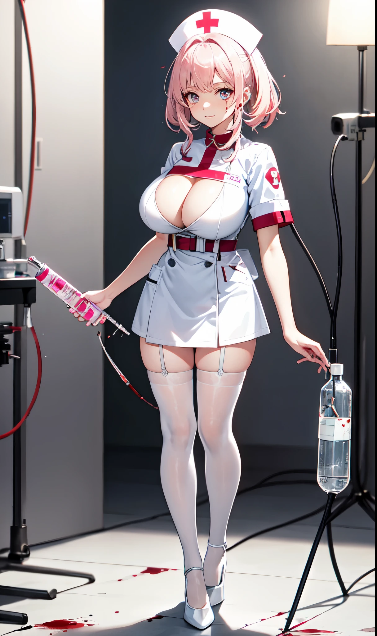 White hospital ward background,Hanging bottle,blood transfusion,light pink hair,Standing close-up,dream world,Sister nurse,(Handheld needle tube),Messy hair,Elongated danphoenix eyes,(white nurse,Handheld needle tube,The scars and blood stains on the body:2.0),(big breast),Blood bag decoration on chest with metal cross background,(Pure white ward:1.9),Gentle and sickly nurse sister,white stockings,High heel,Detailedly drawn backgrounds