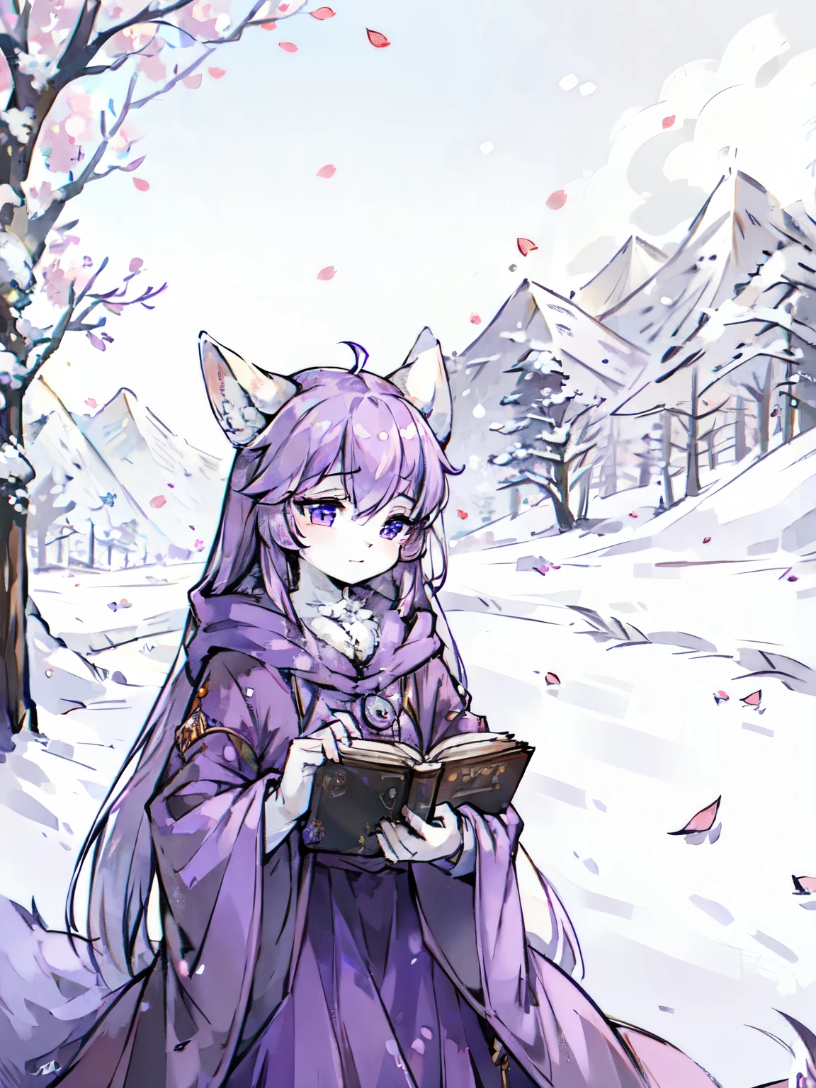 a fox，big white ears，Snow，Wearing a purple hooded cloak，dead tree，snowfield，purple eyes，falling petals，Holding a book in hand，Falling snowflakes，Falling pink petals，mountains