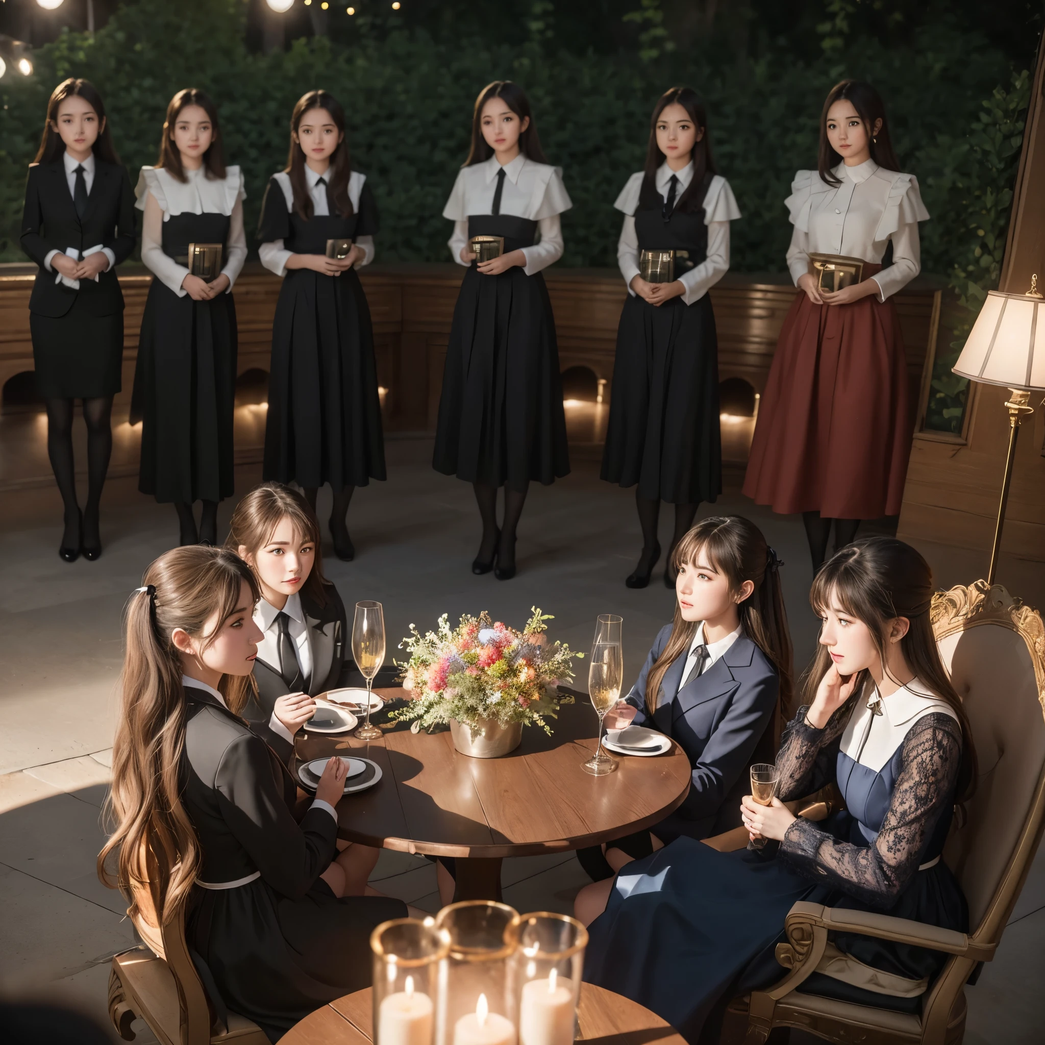 best quality,ultra-detailed,realistic,(five girls:1.4),(First 2 people,back 3 people), Landscape, studio lighting,professional,sharp focus,vivid colors,bokeh,photoshoot,council,suit dress, Europe, group photo