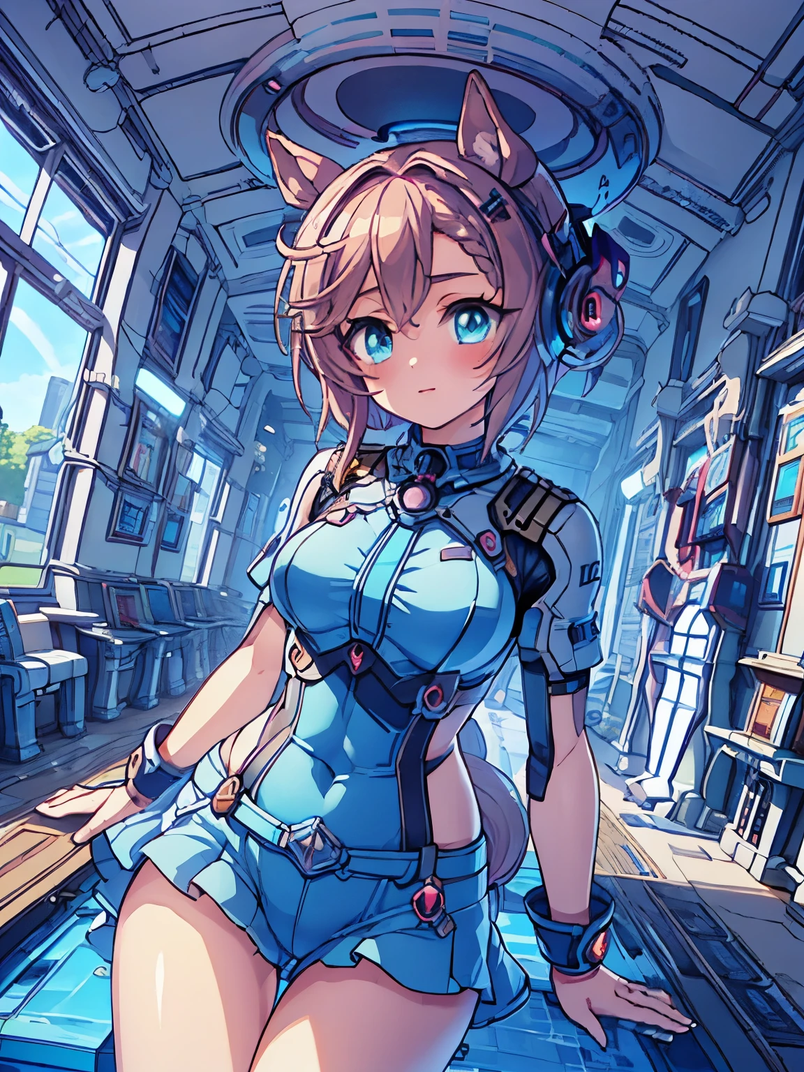 ((table top, highest quality, High resolution, nffsw, perfect pixel, Depth of bounds written, 4K, nffsw, nffsw))), 1 girl,very detailed、Robotized Woman、From the neck up remains human、The body is made of metal、明るい部屋に立つsmile、single, alone, beautiful anime girl, beautiful art style, anime character, ((long hair, bangs, dark brown hair, curly hair:0.8)), ((green eyes:1.4, fine eyes, beautiful eyes, perfect eyes,curled eyelashes, realistic eyes)), ((detailed face, blush:1.2)), ((smooth texture:0.75, realistic texture:0.5, Anime CG style)), medium breasts, dynamic angle, Big breasts, perfect body, dynamic pose, cyborg bodysuit, smile, open your mouth, turn your arms behind your back, leaning forward, Amulment Park, ((close, throw, cute, Shoot in the face)),, (baby face), eyes), Venus Park \(umamusume\), mature woman, (small breasts), beautiful face, pink hair, blush,