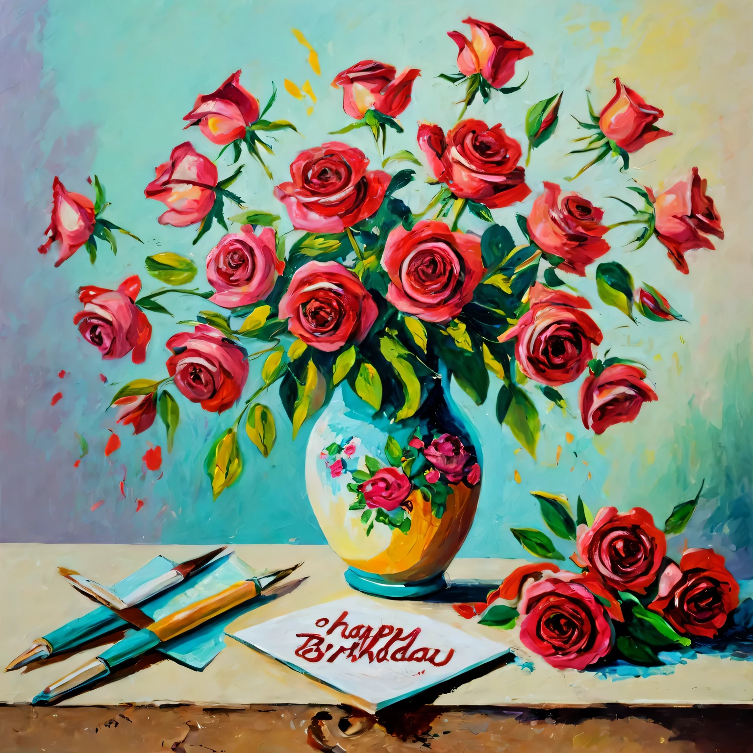 oil painting with palette knife, oil painting on canvas, still life, on the table there is a magnificent bouquet of scarlet roses in a ceramic vase, next to it is a note with the inscription "Happy birthday to you", drawing with large strokes, impressionism, Game of color and light, high detail, The work of the wizard