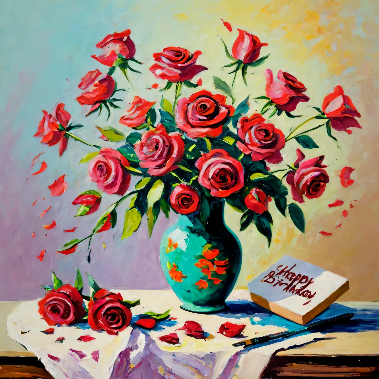 oil painting with palette knife, oil painting on canvas, still life, on the table there is a magnificent bouquet of scarlet roses in a ceramic vase, next to it is a note with the inscription "Happy birthday to you", drawing with large strokes, impressionism, Game of color and light, high detail, The work of the wizard