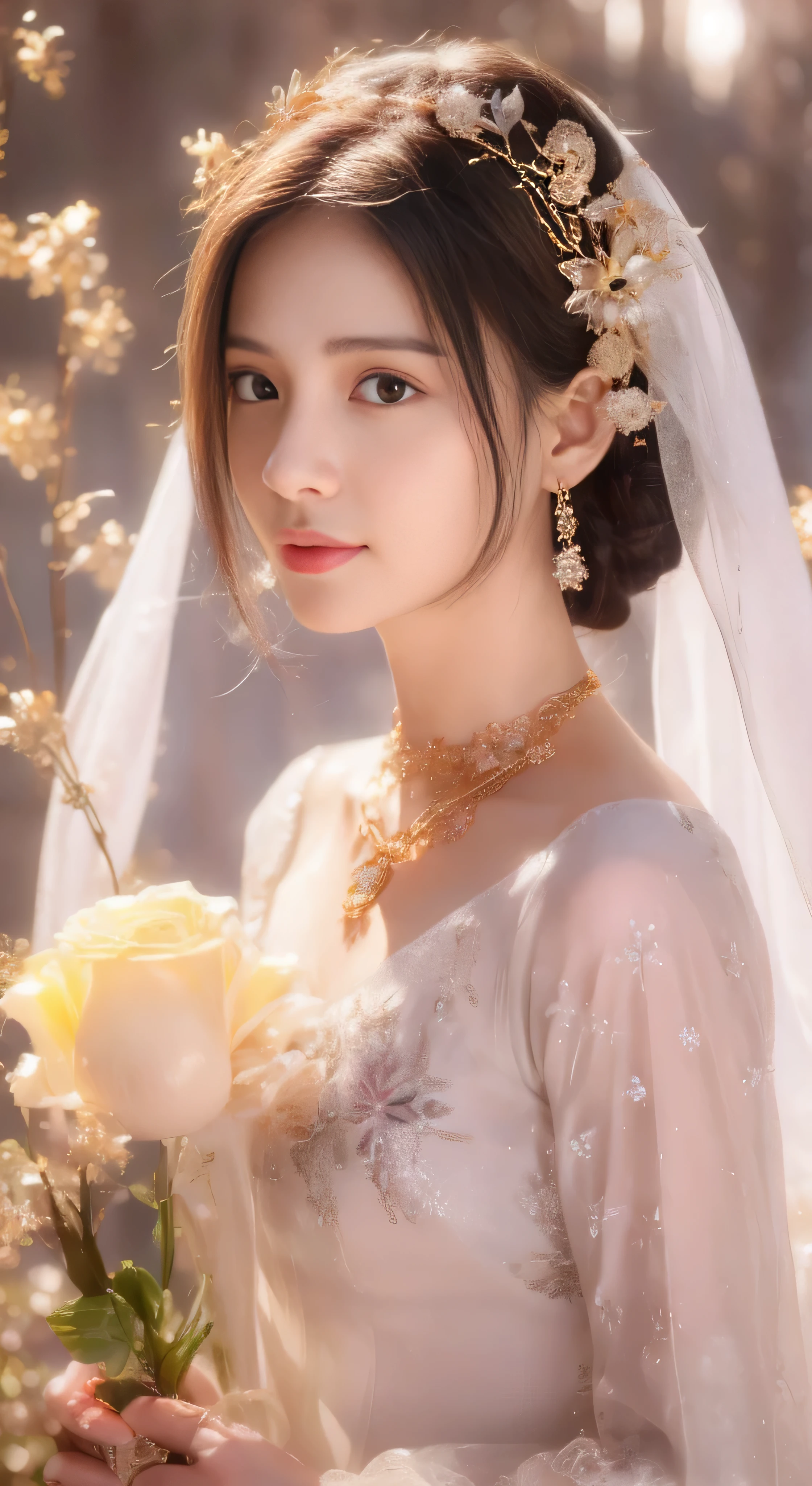 castle in the distance、face is in front、look at the camera、profile、8K、real photos、ultra high resolution, master parts, highest quality, ticker , cinematic images,nice girl、Ann、16 only、Annグロサクソン、double eyelid、droopy eyes、very big eyes、eyes are purple、dark eye shadow、lips are very thin、The tip of your nose grows beautifully...........................................、small nose,,,,, very detailed , silver hair、straight short hair、smile、 sweet expression 、)、very clear shadows , jewelry , fine eyes, Very difficult, shiny skin , パーフェクトブリリAnnト, perfect sentence, dramatic shadow、white tiara on head、Gold necklace around the neck、White aristocratic dress with gold embroidery、glass high heels、angel wings