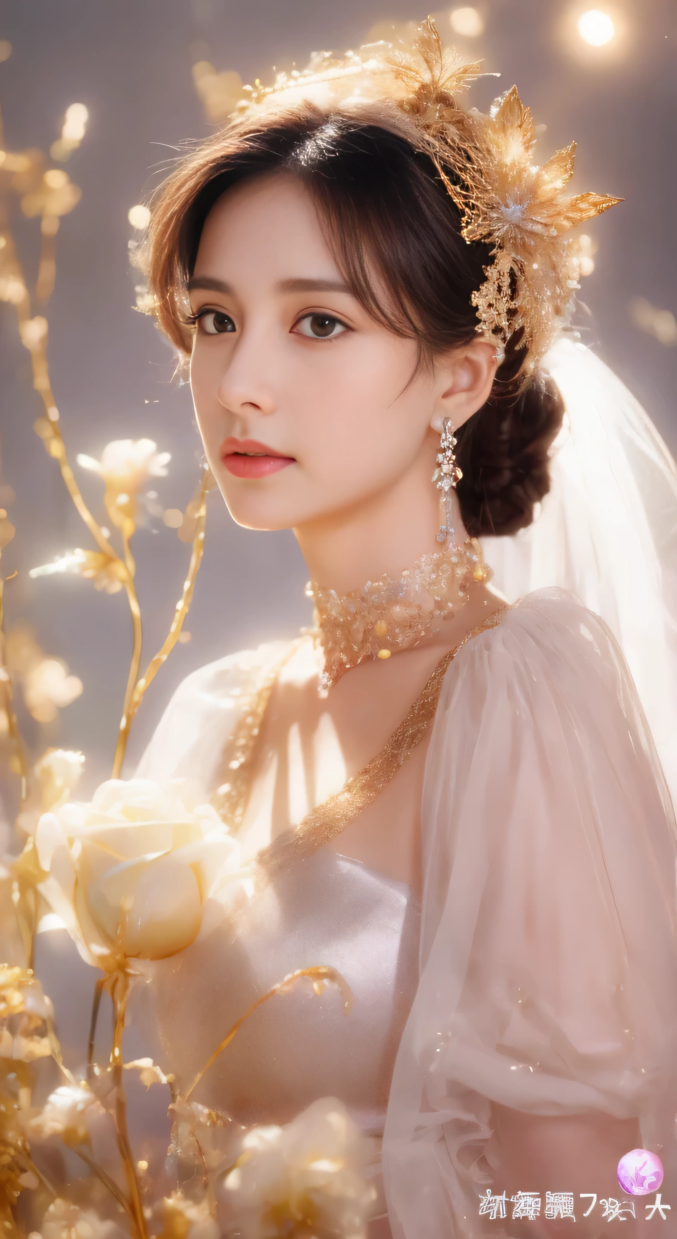 castle in the distance、face is in front、look at the camera、profile、8K、real photos、ultra high resolution, master parts, highest quality, ticker , cinematic images,nice girl、Ann、16 only、Annグロサクソン、double eyelid、droopy eyes、very big eyes、eyes are purple、dark eye shadow、lips are very thin、The tip of your nose grows beautifully...........................................、small nose,,,,, very detailed , silver hair、straight short hair、smile、 sweet expression 、)、very clear shadows , jewelry , fine eyes, Very difficult, shiny skin , パーフェクトブリリAnnト, perfect sentence, dramatic shadow、white tiara on head、Gold necklace around the neck、White aristocratic dress with gold embroidery、glass high heels、angel wings