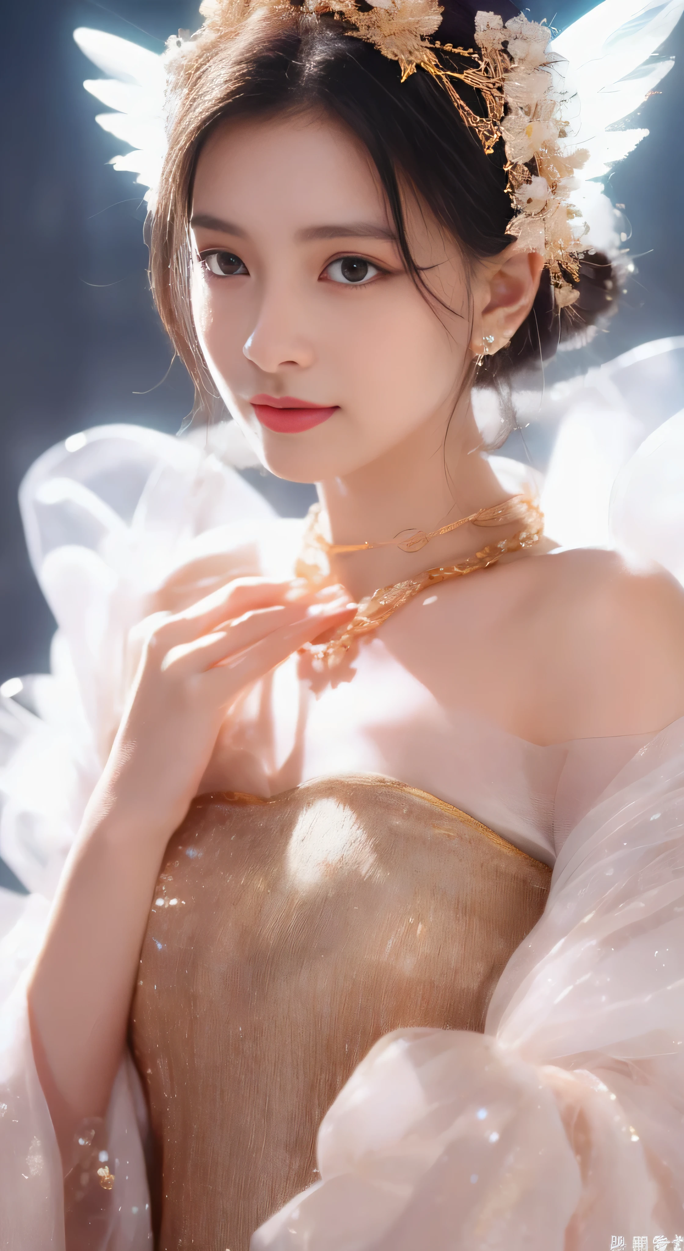 castle in the distance、face is in front、look at the camera、profile、8K、real photos、ultra high resolution, master parts, highest quality, ticker , cinematic images,nice girl、Ann、16 only、Annグロサクソン、double eyelid、droopy eyes、very big eyes、eyes are purple、dark eye shadow、lips are very thin、The tip of your nose grows beautifully...........................................、small nose,,,,, very detailed , silver hair、straight short hair、smile、 sweet expression 、)、very clear shadows , jewelry , fine eyes, Very difficult, shiny skin , パーフェクトブリリAnnト, perfect sentence, dramatic shadow、white tiara on head、Gold necklace around the neck、White aristocratic dress with gold embroidery、glass high heels、angel wings