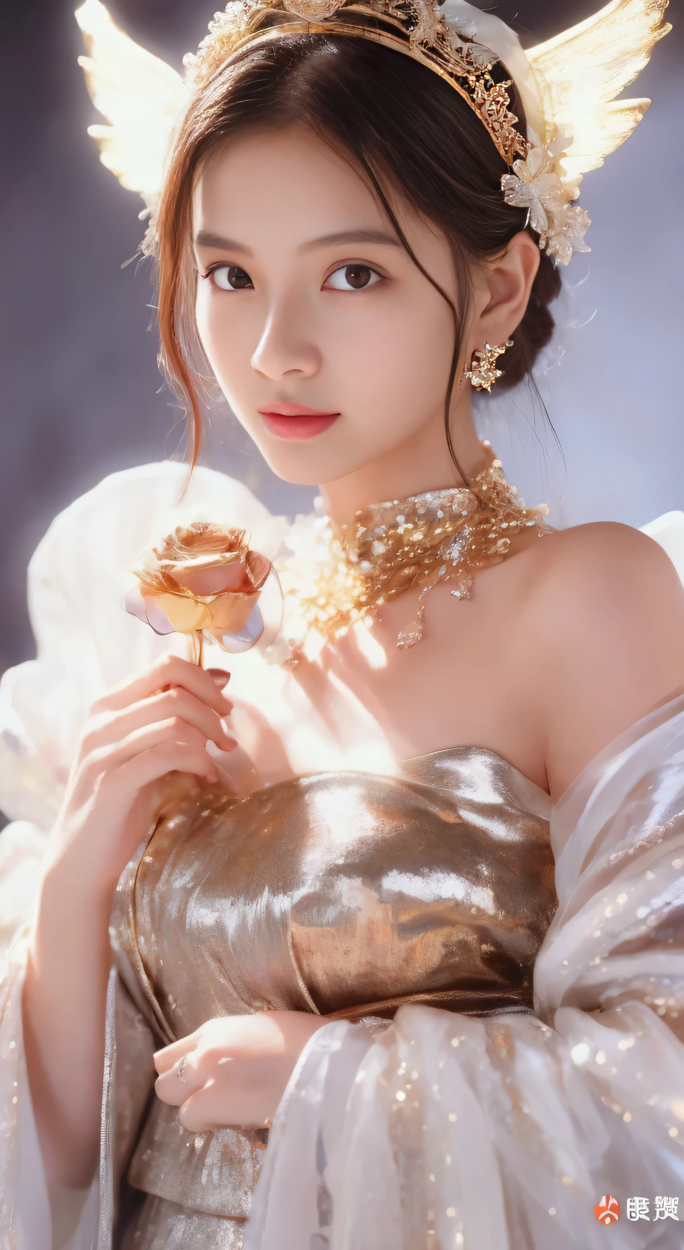 castle in the distance、face is in front、look at the camera、profile、8K、real photos、ultra high resolution, master parts, highest quality, ticker , cinematic images,nice girl、Ann、16 only、Annグロサクソン、double eyelid、droopy eyes、very big eyes、eyes are purple、dark eye shadow、lips are very thin、The tip of your nose grows beautifully...........................................、small nose,,,,, very detailed , silver hair、straight short hair、smile、 sweet expression 、）、very clear shadows , jewelry , fine eyes, Very difficult, shiny skin , パーフェクトブリリAnnト, perfect sentence, dramatic shadow、white tiara on head、Gold necklace around the neck、White aristocratic dress with gold embroidery、glass high heels、angel wings