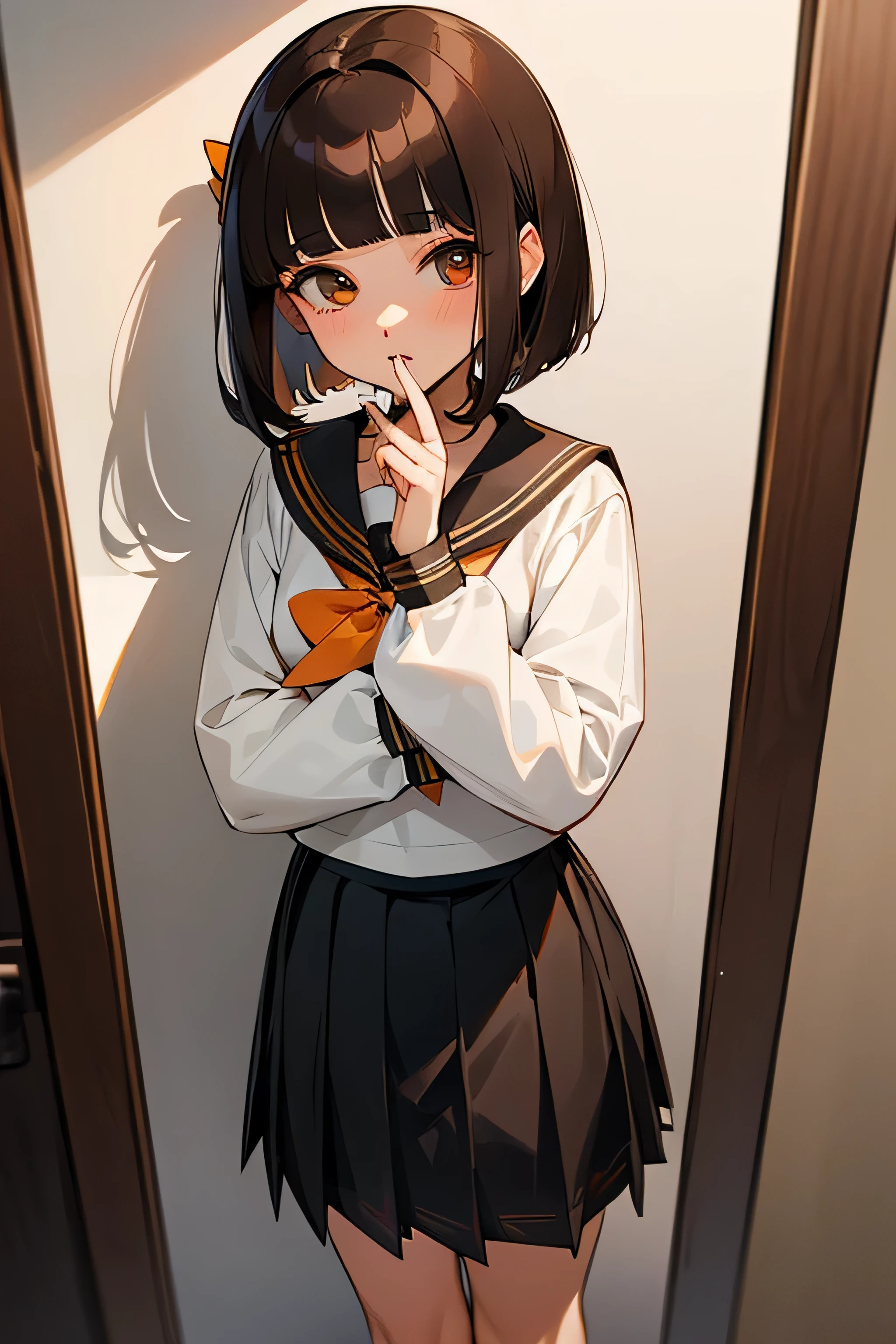 Super detailed light and shadow,cute female ,Black and brown hair,Personalized makeup,White shirt, white socks, pleated skirt,Black sailor collar,long sleeves,clear face, ((hime haircut)),Personalized HD makeup, Super details, 32k,black straight hair,Qi bangs cover the forehead,Looking at myself in the mirror in surprise