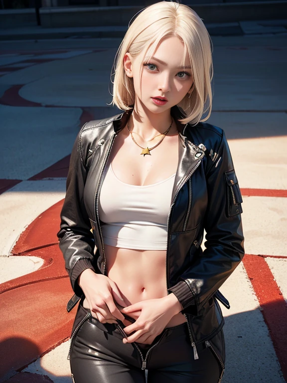 (best quality, 8k, highres, photorealistic:2.0), (solo, one girl:2.0),(lighting:front),(lighting: strong),(american beauty:2.0),(women of adult age:1.6),(girl is very muscular:1.5),(shiny skin:1.5),(oily skin:1.5),(platinum blonde hair color:1.5),(flat chest:1.5),(((small breasts))),(location is a street),(ultimate beautiful girl),(energetic woman),(slut girl fashion style wear),(((Super low rise pants))),((jacket zip full open)),(navel is visible),(abdomen is visible),(waist is visible),((low rise cargo pants))),(((hip hugging pants:1.5))),Blush brown makeup , dark eye makeup ,pink lipstick,(big eyes girl:1.3),(((girl's sexual charm))),(The girl's amazing sex appeal),(unzip pants:1.6),(Open the bottom zipper:1.5),(gold necklace),(pull your pants down a little)