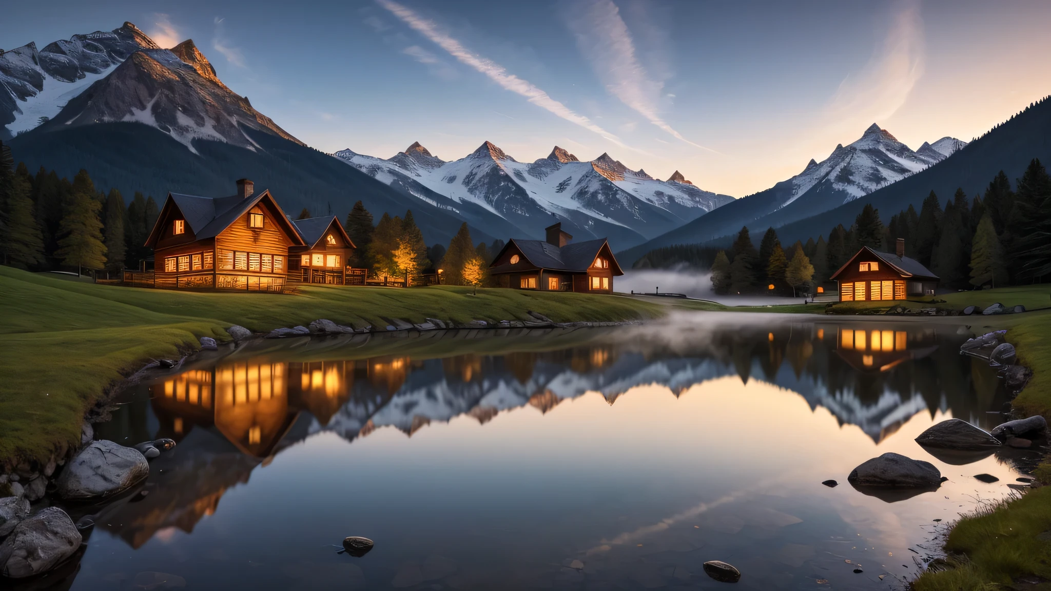 HDR, photorealism, masterpiece quality, best quality, mountains, pond, firefly, dark night, a wooden house, fog