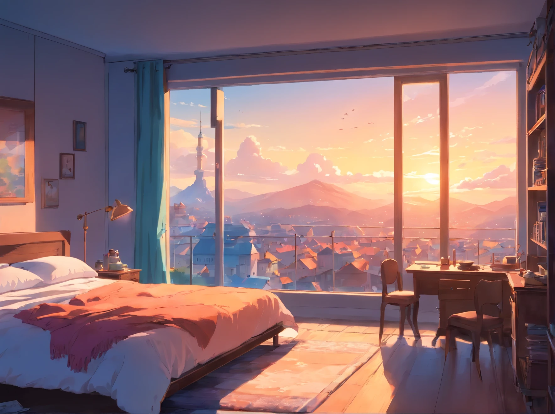 A Gorgeous Bedroom Matte Painting par John Harris, Sparth et Greg Rutkowski. sharp edges, Bleu tiffany, gris orange, white and pink. warm Chambre dans une base spatiale,morning vibes, Outside the windows A old medieval city, light effect. sun rays from the window, Ultra clear detailed, 3 d, Rendu octane. 8 km
