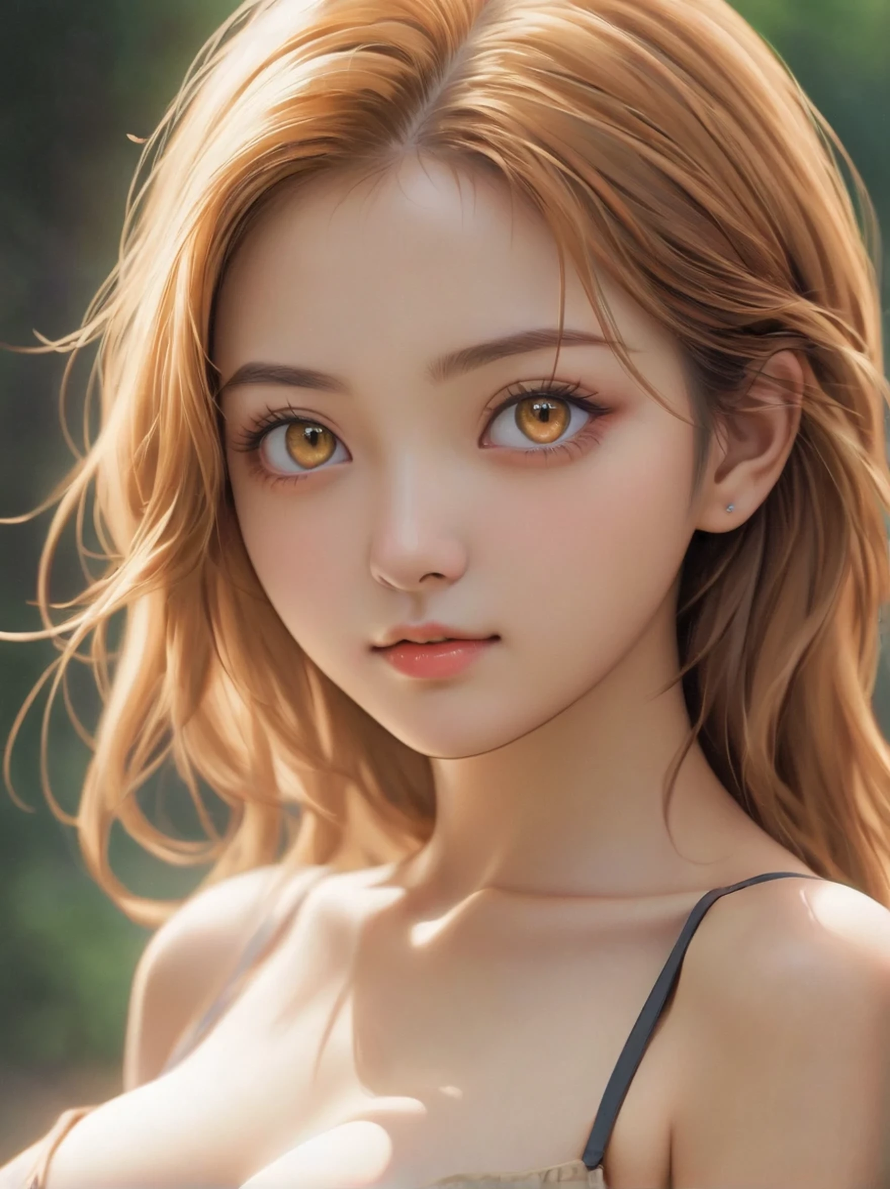 (hyperrealistic), (illustration), (high resolution), (8K), (extremely detailed), (best illustration), (beautiful detailed eyes), (best quality), (ultra-detailed), (masterpiece), (wallpaper), (photorealistic), (natural light), (rim lighting), (detailed face), (high detailed realistic skin texture), (anatomically correct), (solo), (1 girl), (high detailed realistic hair), (caramel hair:1.35), (heterochromic eyes), (detailed eyes), (light yellow eyes:1.37), (sparkling eyes), (realistic big breasts:1.5), (exposed nipples breasts:1.35), (long legs), (slender abs), (dynamic pose), (closed tiny mouth:1.3), (nsfw), (concentrated expression), (topless),