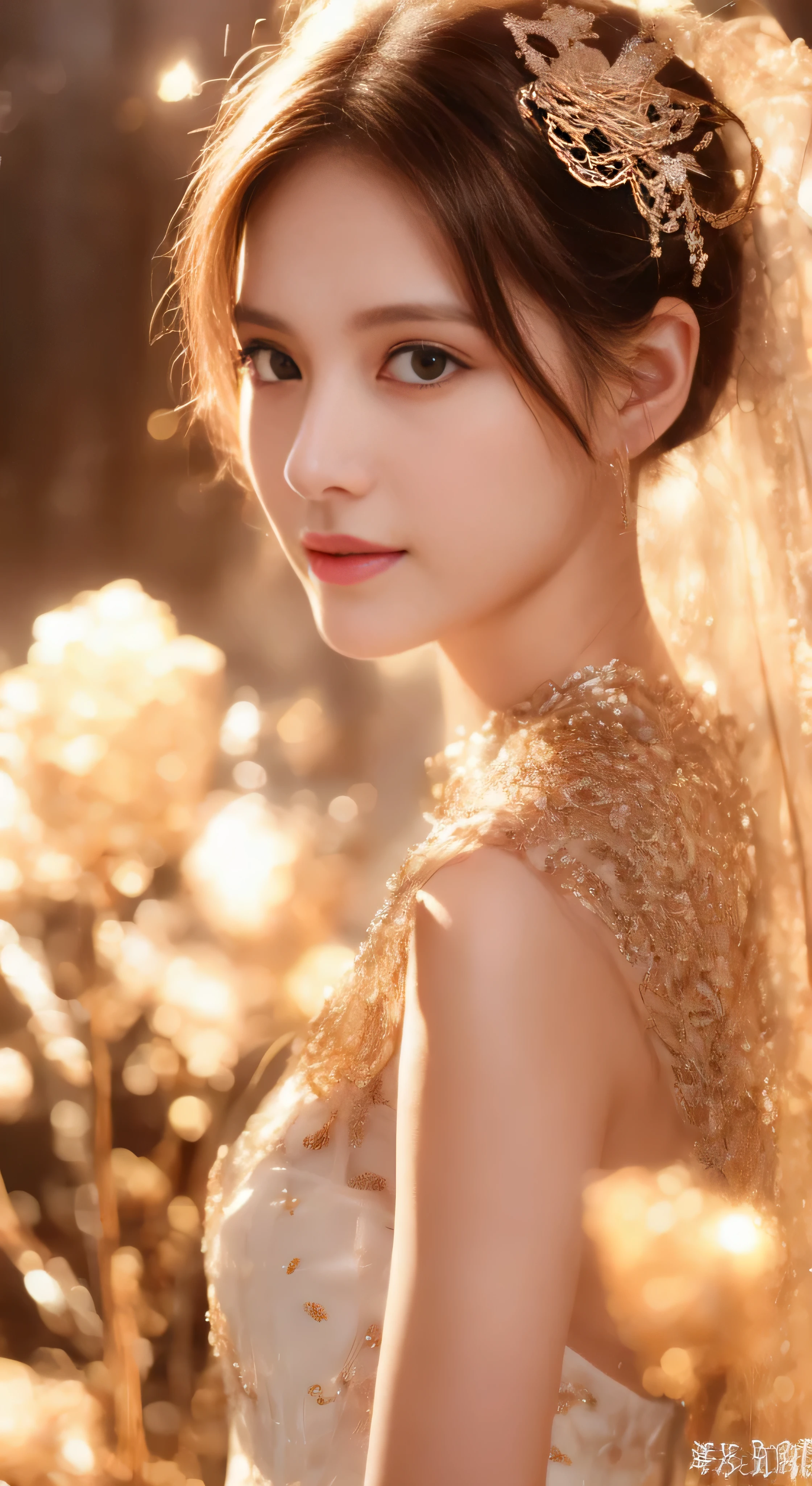 castle in the distance、face is in front、look at the camera、profile、8K、real photos、ultra high resolution, master parts, highest quality, ticker , cinematic images,nice girl、Ann、16 only、Annグロサクソン、double eyelid、droopy eyes、very big eyes、eyes are purple、dark eye shadow、lips are very thin、The tip of your nose grows beautifully...........................................、small nose,,,,, very detailed , silver hair、straight short hair、smile、 sweet expression 、）、very clear shadows , jewelry , fine eyes, Very difficult, shiny skin , パーフェクトブリリAnnト, perfect sentence, dramatic shadow、white tiara on head、gold necklace around neck、White aristocratic dress with gold embroidery、glass high heels、angel wings