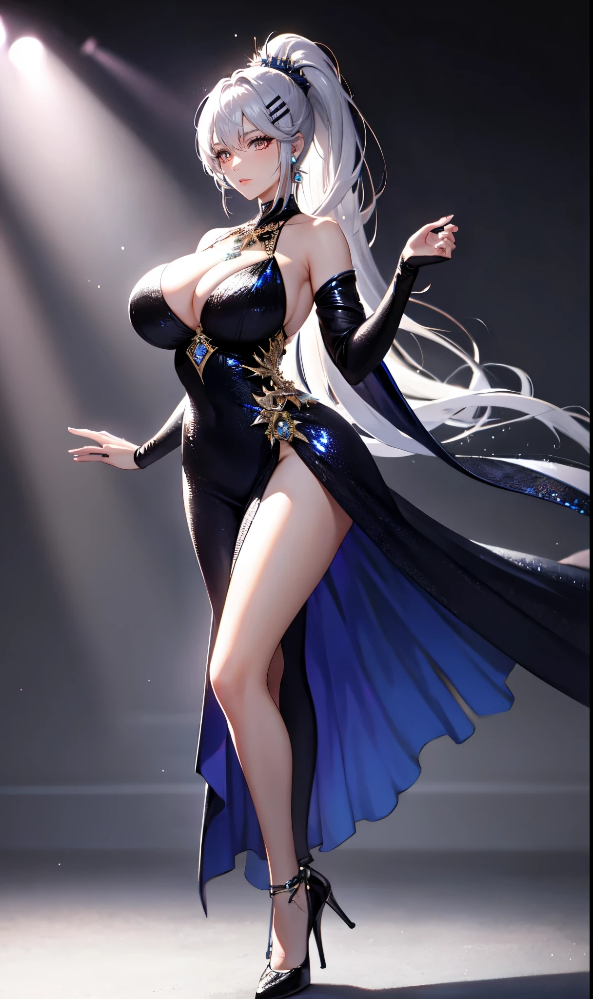 Prom background,Night dance ,silver long hair,Low ponytail,Standing close-up,dream world,Royal sister,(hair clip,Clip the ponytail),Messy hair,Elongated danphoenix eyes,eye shadow,Contact lenses,(sequin dress,Gorgeous and revealing gown,expensive dress:2.0),(big breast)ballroom background,(Soft light and shadow:1.9),Intricate body jewelry,High heeled dancing shoes,Detailedly drawn backgrounds