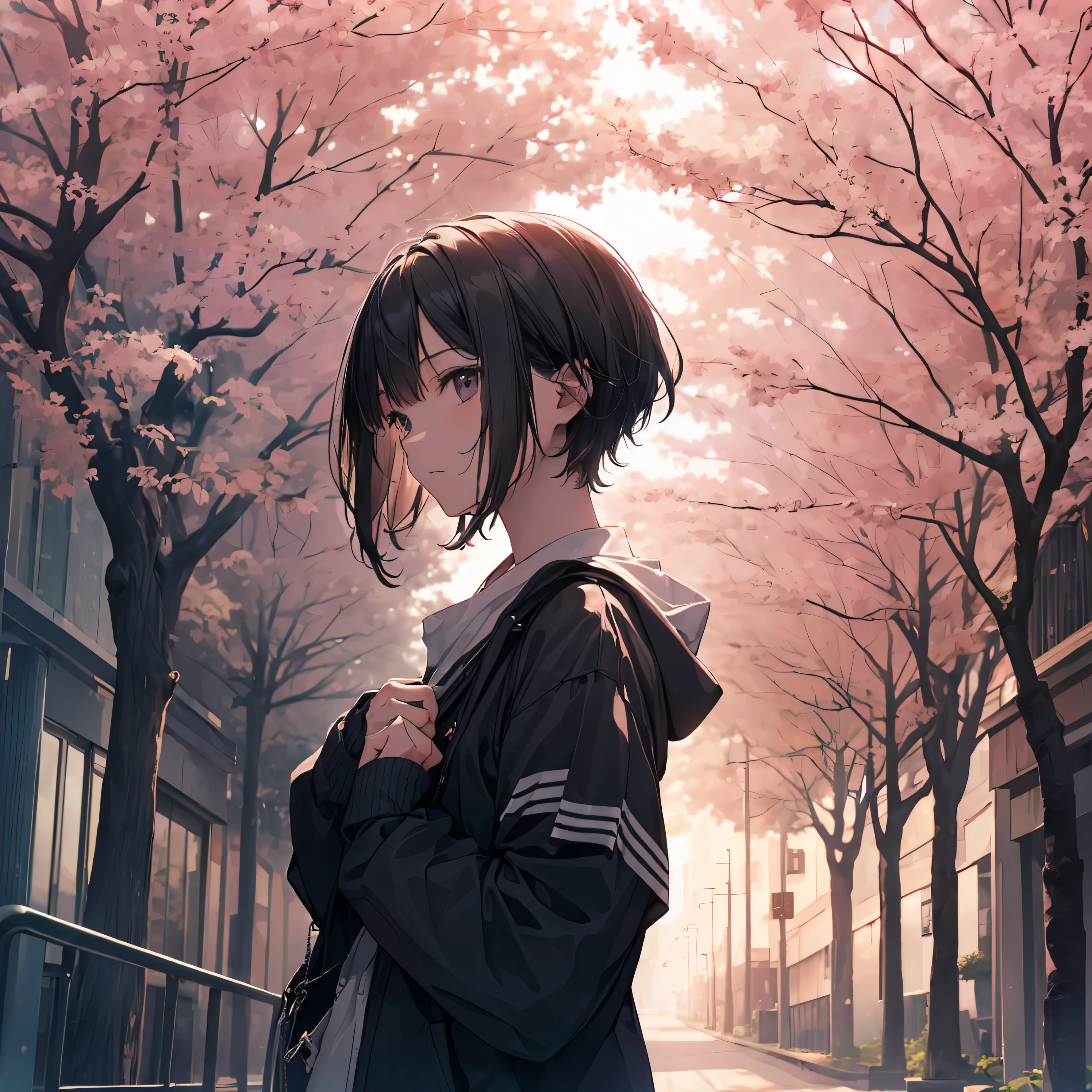 portrait, photograph, a 13 years old middle School girl with short black hair looking up at winter cherry blossoms on her way to School in a cherry tree-lined street, high quality, Rule of thirds, Center the subject, eye level shot, medium shot, Front view, Natural light, winter cherry blossoms, tranquility, youth, School. break,1 girl, (alone, face,13 years old:1.5),a junior high School student, androgynous charm, (very short hair), flat chest, small ass, all limbs, Refers to the whole, beautiful detailed black eyes, disgusted eyes,break,((最high quality,Shinkai Makoto style, Super detailed,High resolution,Very detailed CG,unity 8k wallpaper,by famous artists,perfect anatomy,super dense skin,cinematic lighting)),