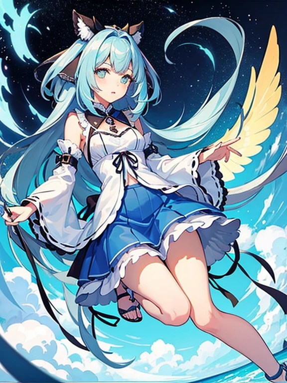 ((highest quality)), ((masterpiece)), (be familiar with), perfect face, one girl、、big breasts、small face、long hair、silky hair、Braid in one place、Pastel blue colored hair、Clothes with protruding shoulders、white colored clothes、Sheer clothes、Clothes without sleeves、ギンガムチェックのmini skirt、mini skirt、Full body figure、つま先から頭のてっぺんまでのFull body figure、足先から頭までのFull body figure、crawl on all fours、No underwear、Zori sandals、