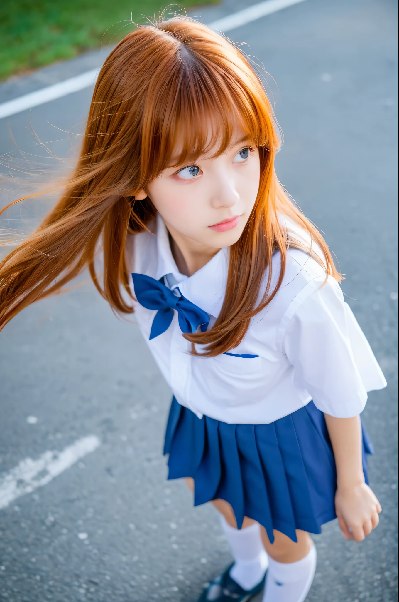 (masterpiece, highest quality:1.2), (Tsurime:1.2),
(face focus, close up of face, close up of face:1.2), Tsurime, 1 girl, Soryu Asuka Langley, alone, blue eyes, school uniform, looking at the viewer, long hair, think back, tokyo-3 middle school uniform, orange hair, white shirt, from behind, shirt, short sleeve, closed mouth, bangs, two side up, stage, legs stick out from frame, white socks, suspender skirt, blue skirt, blue dress, outdoor, dress, hair ornaments,
 