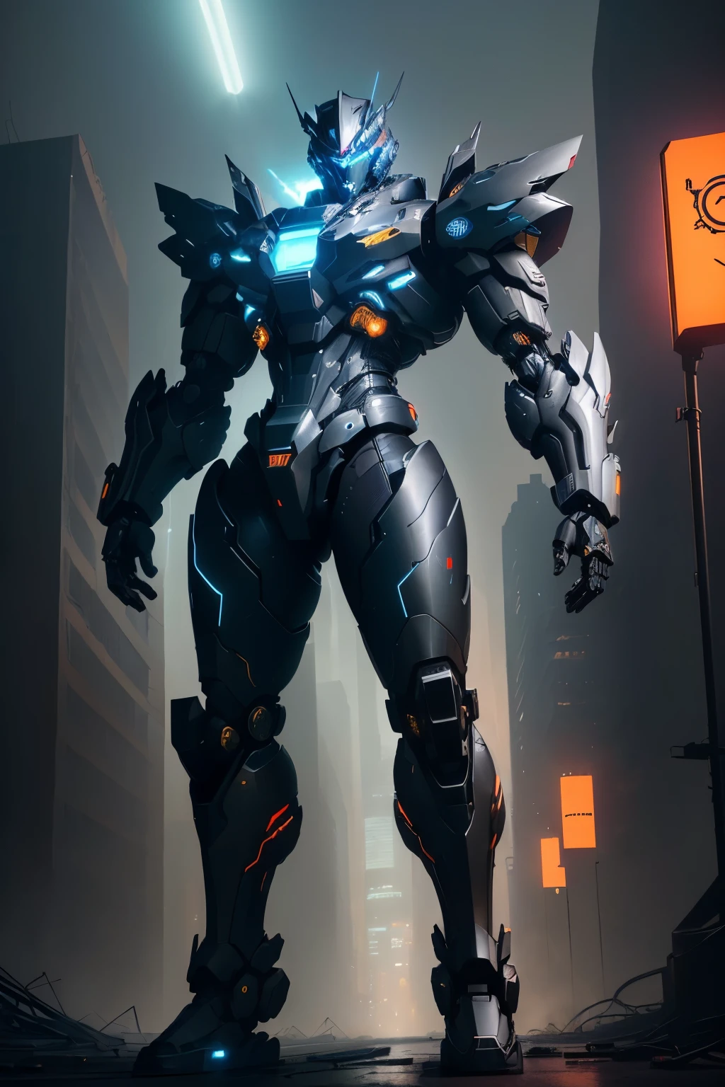 In the gritty, neon-lit world of cyberpunk, Zeus stands out as a towering figure of strength and power. Clad in a sleek, black mecha suit, his cybernetic enhancements glint under the pulsing city lights. With piercing blue eyes and a determined expression, Zeus unravels the complexities of technological mysteries, harnessing the beauty of complex algorithms and advanced physics. The intricate details of his mecha suit's armor are reminiscent of ancient Greek sculptures, a juxtaposition of mythology and futuristic technology. As he strides through the forested background, the contrast between the natural world and the high-tech design adds