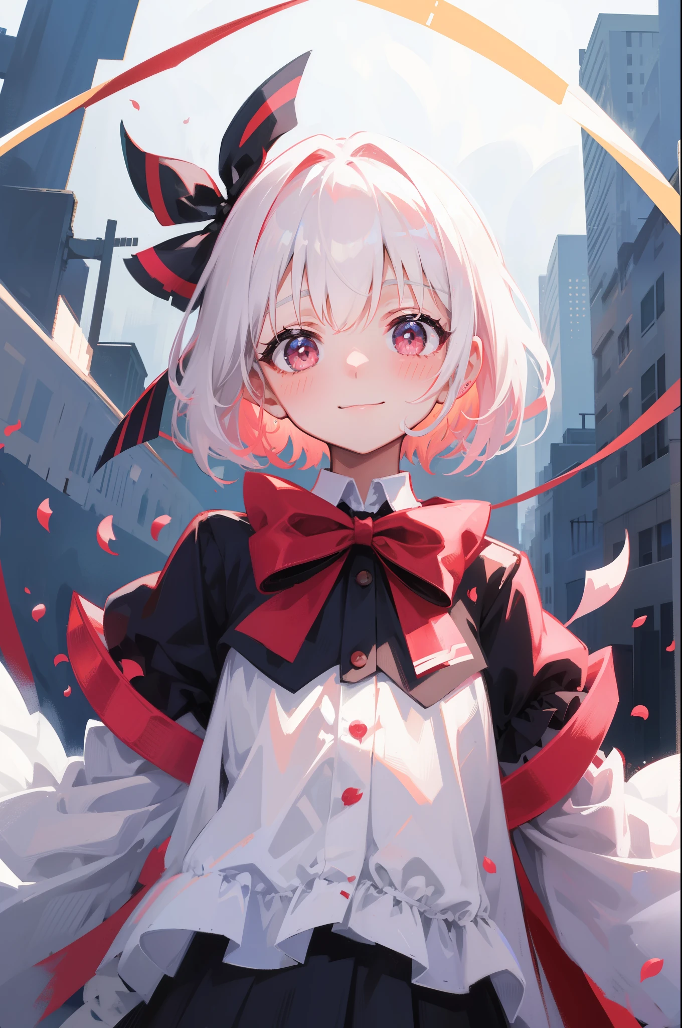 rating:safe, striped, solo, 1girl, petals, striped_background, vertical_stripes, smile, blush, diagonal_stripes, striped_shirt, wings, no_headwear, red_eyes, no_hat, bow, dress, short_hair, short_sleeves, remilia_scarlet, ribbon, looking_at_viewer, long_sleeves, wind, puffy_sleeves, striped_dress