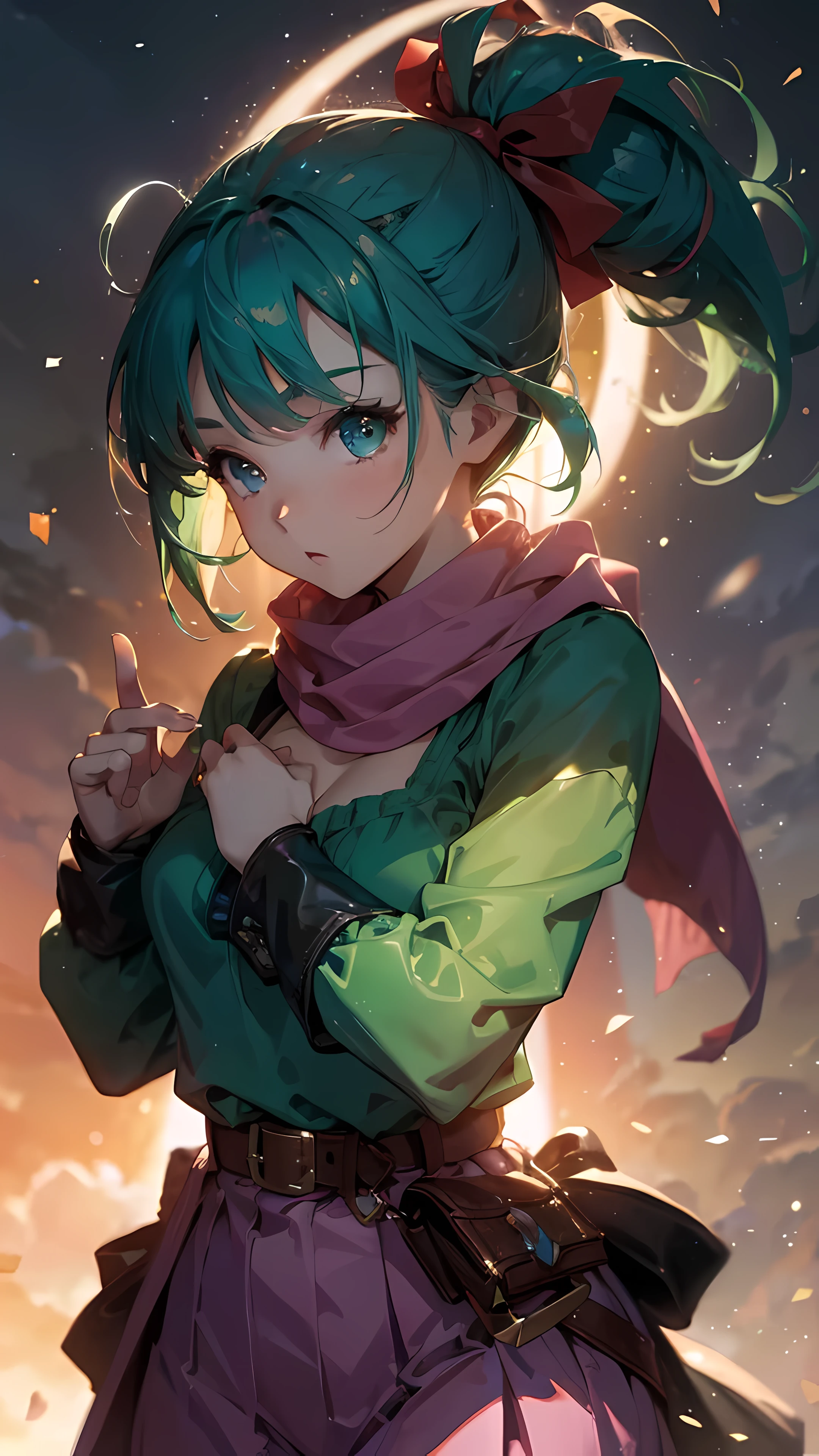 white background、(think back)、(Refers to the whole)、(The fingers are、5Book)、one girl、((highest quality, pieces fly, High resolution:1.2), Super detailed, (reality:1.37), Vividness and color, ticker, studio lighting, sharp focus on breasts,Physically based rendering、8K image wallpaper)、(very delicate and beautiful)、(masterpiece)、(highest quality:1.0)、(超High resolution:1.0)、(Precise human body structure)、(complete limbs)、(腕は2Book)、(脚は2Book)、(Slender beauty)、(not muscular)、(((Expressive Ace Perfect、The girl is Bulma from Dragon Ball、braided ponytail、green hair、hair ribbon, medium bust 、beautiful breasts、round chest、pink shirt、belt、scarf、pink skirt、Brown handbag、One woman with white skin)))