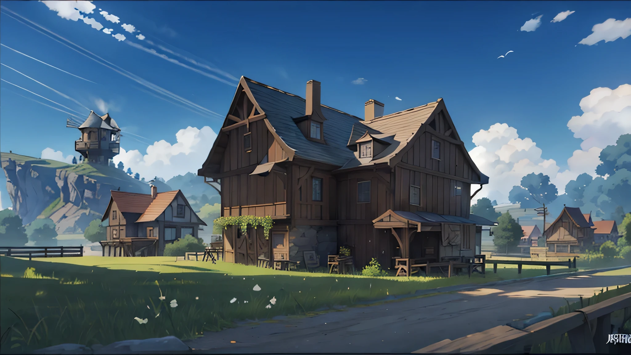 There is a photo of a farm landscape with a house in the background., anime countryside scenery, anime scenery, Drawn at Anime Painter Studio, anime scenery concept art, anime background art, anime scenery, beautiful anime scenery, distant village background, beautiful anime scene, Produced at Anime Artist Studio, anime scenery wallpaper, 4 k digital painting, 4 k digital painting, anime background