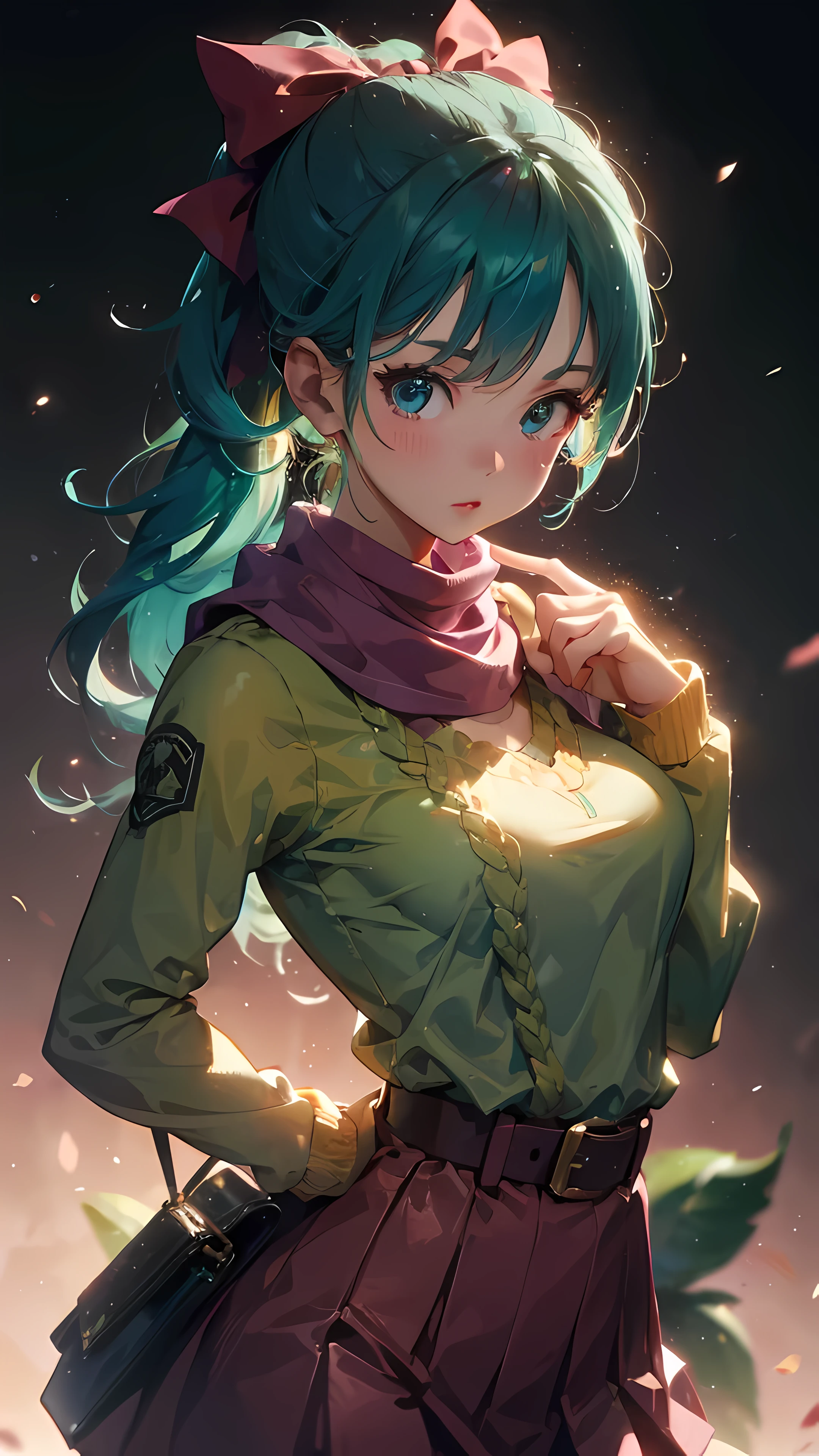 white background、(think back)、(Refers to the whole)、(The fingers are、5Book)、one girl、((highest quality, pieces fly, High resolution:1.2), Super detailed, (reality:1.37), Vividness and color, ticker, studio lighting, sharp focus on breasts,Physically based rendering、8K image wallpaper)、(very delicate and beautiful)、(masterpiece)、(highest quality:1.0)、(超High resolution:1.0)、(Precise human body structure)、(complete limbs)、(腕は2Book)、(脚は2Book)、(Slender beauty)、(not muscular)、(((Expressive Ace Perfect、The girl is Bulma from Dragon Ball、braided ponytail、green hair、hair ribbon, medium bust 、beautiful breasts、round chest、pink shirt、belt、scarf、pink skirt、Brown handbag、One woman with white skin)))