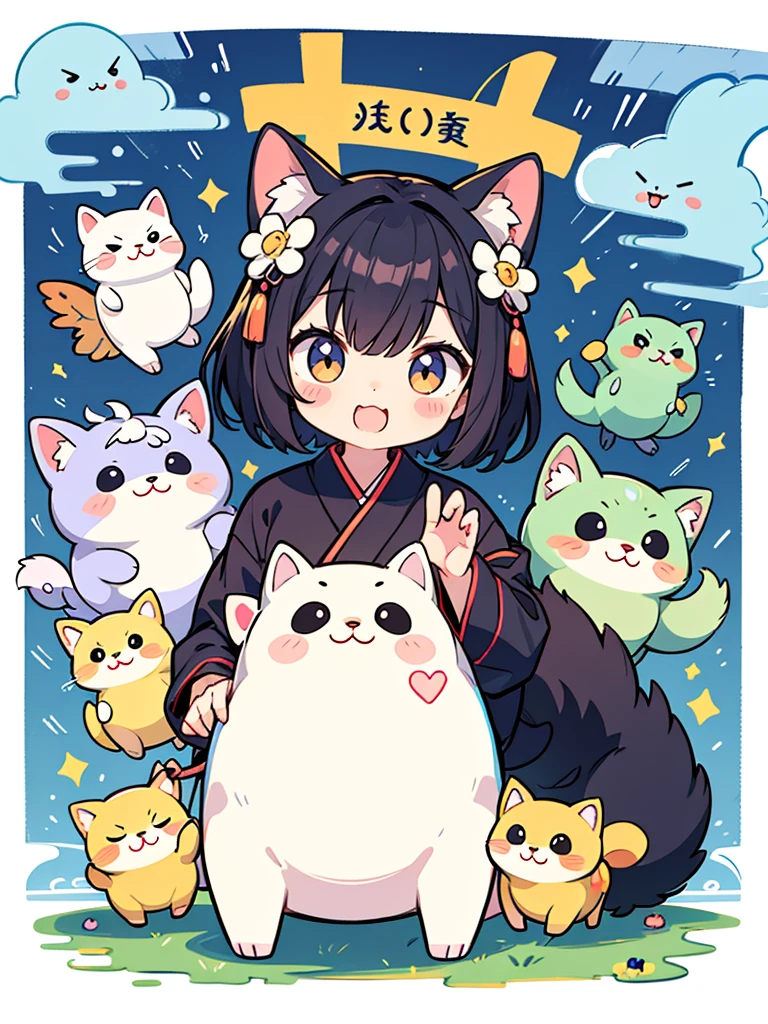 there are many different animals and words written in chinese, hand painted cartoon art style, art cover, kawaii cutest sticker ever, sticker illustration, by Shiba Kōkan, by Kōno Michisei, cute features, 中 元 节, by Gusukuma Seihō, stickers illustrations, cute characters