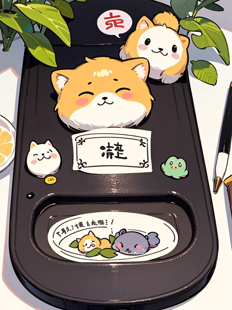 there are many different animals and words written in chinese, hand painted cartoon art style, art cover, kawaii cutest sticker ever, sticker illustration, by Shiba Kōkan, by Kōno Michisei, cute features, 中 元 节, by Gusukuma Seihō, stickers illustrations, cute characters