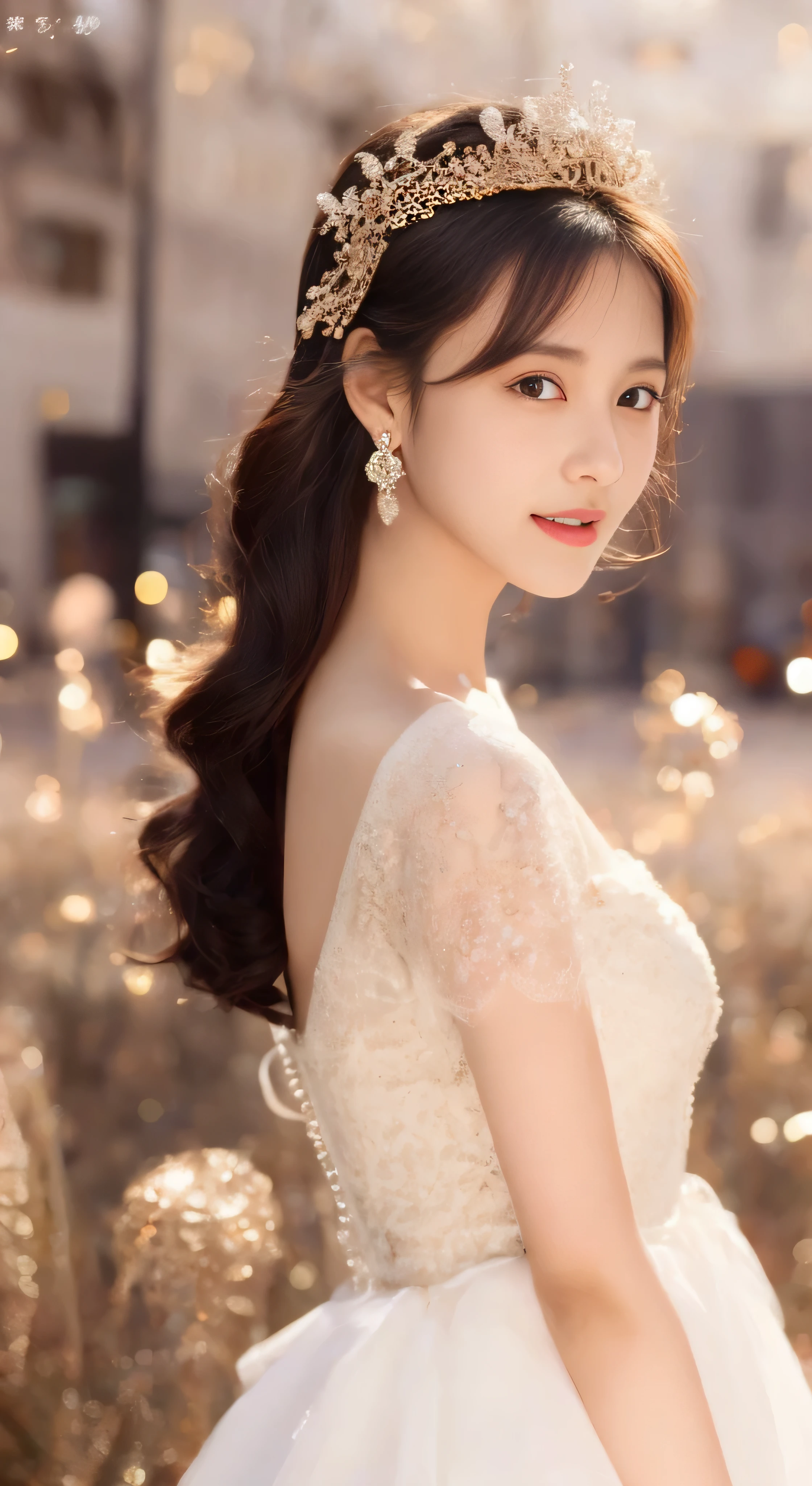 castle in the distance、face is in front、look at the camera、profile、8K、real photos、ultra high resolution, master parts, highest quality, ticker , cinematic images,nice girl、Ann、16 only、Annグロサクソン、double eyelid、droopy eyes、very big eyes、eyes are purple、dark eye shadow、lips are very thin、The tip of your nose grows beautifully...........................................、small nose,,,,, very detailed , silver hair、straight short hair、smile、 sweet expression 、)、very clear shadows , jewelry , fine eyes, Very difficult, shiny skin , パーフェクトブリリAnnト, perfect sentence, dramatic shadow、white tiara on head、gold necklace around neck、White aristocratic dress with gold embroidery、glass high heels、angel wings