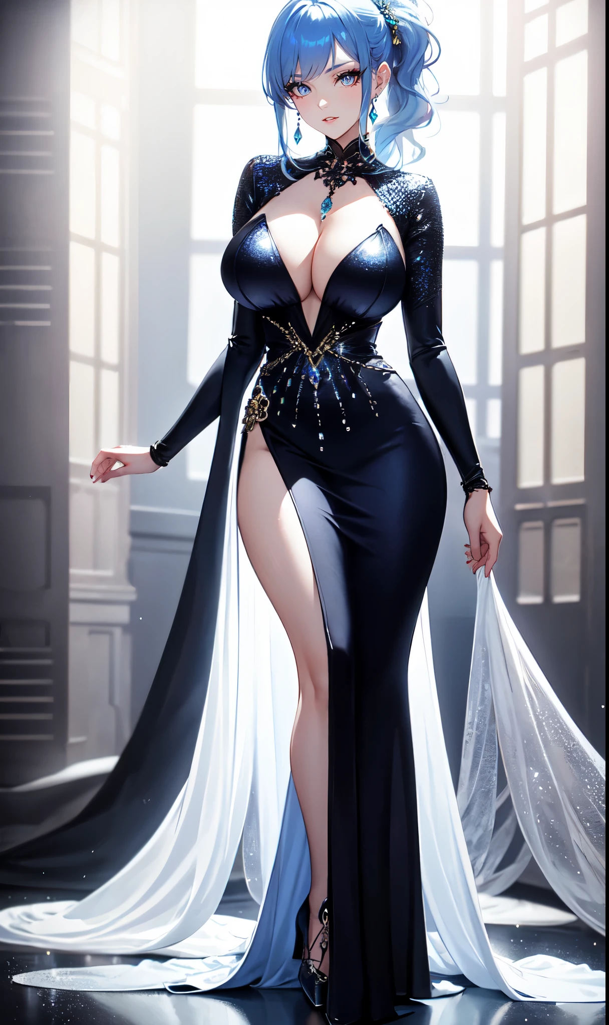 Prom background,Night dance ,Long silver-blue hair,Low ponytail,Standing close-up,dream world,Royal sister,(Elongated danphoenix eyes,eye shadow,long eyelashes),Messy hair,Elongated danphoenix eyes,eye shadow,Contact lenses,(sequin dress,Gorgeous and extremely revealing gown,A large number of expensive jewelry,:2.0),(big breast)ballroom background,(Soft light and shadow:1.9),Intricate body jewelry,High heeled dancing shoes,Detailedly drawn backgrounds