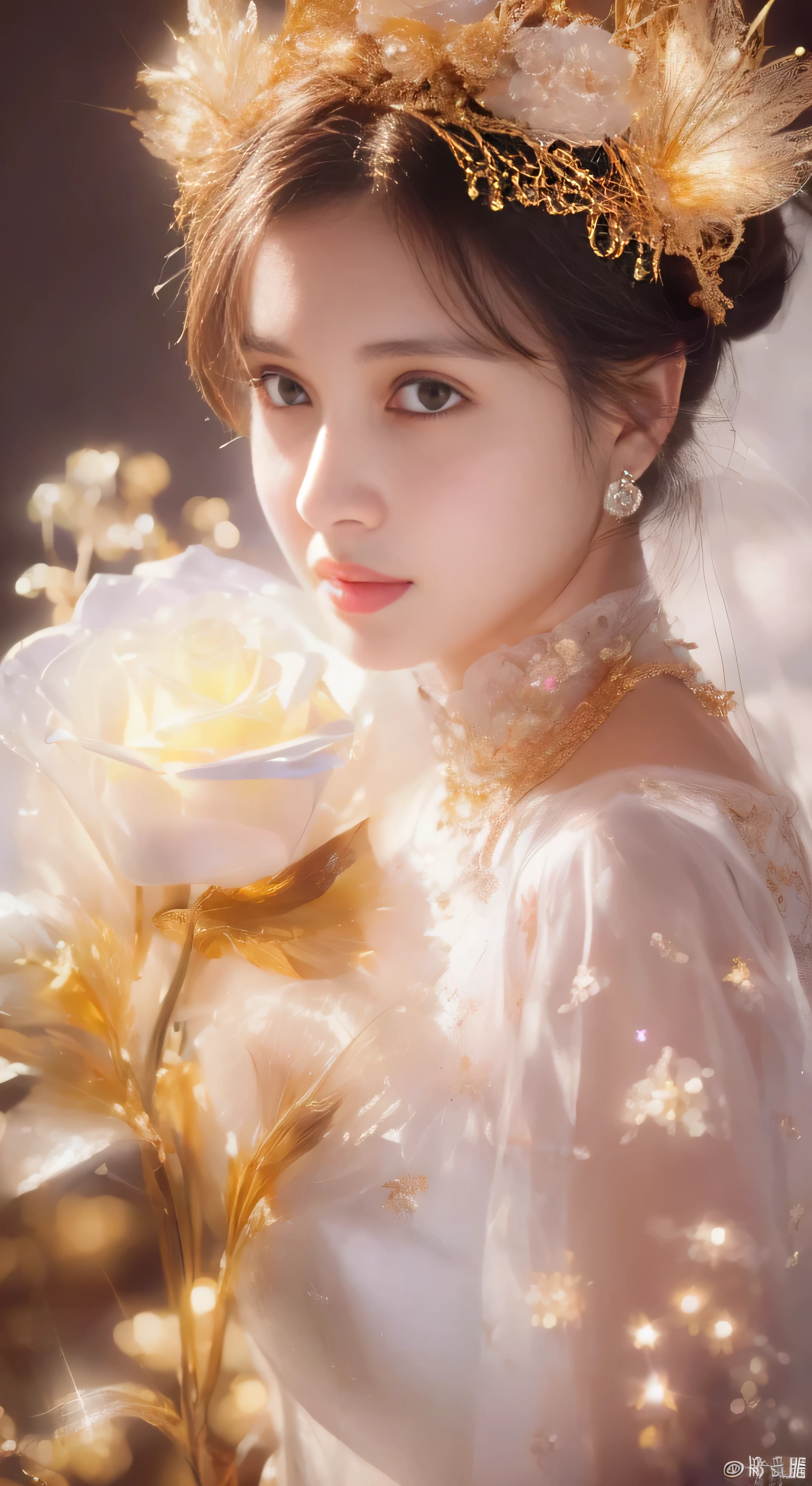 castle in the distance、face is in front、look at the camera、profile、8K、real photos、ultra high resolution, master parts, highest quality, ticker , cinematic images,nice girl、Ann、16 only、Annグロサクソン、double eyelid、droopy eyes、very big eyes、eyes are purple、dark eye shadow、lips are very thin、The tip of your nose grows beautifully...........................................、small nose,,,,, very detailed , silver hair、straight short hair、smile、 sweet expression 、)、very clear shadows , jewelry , fine eyes, Very difficult, shiny skin , パーフェクトブリリAnnト, perfect sentence, dramatic shadow、white tiara on head、Gold necklace around the neck、White aristocratic dress with gold embroidery、glass high heels、angel wings