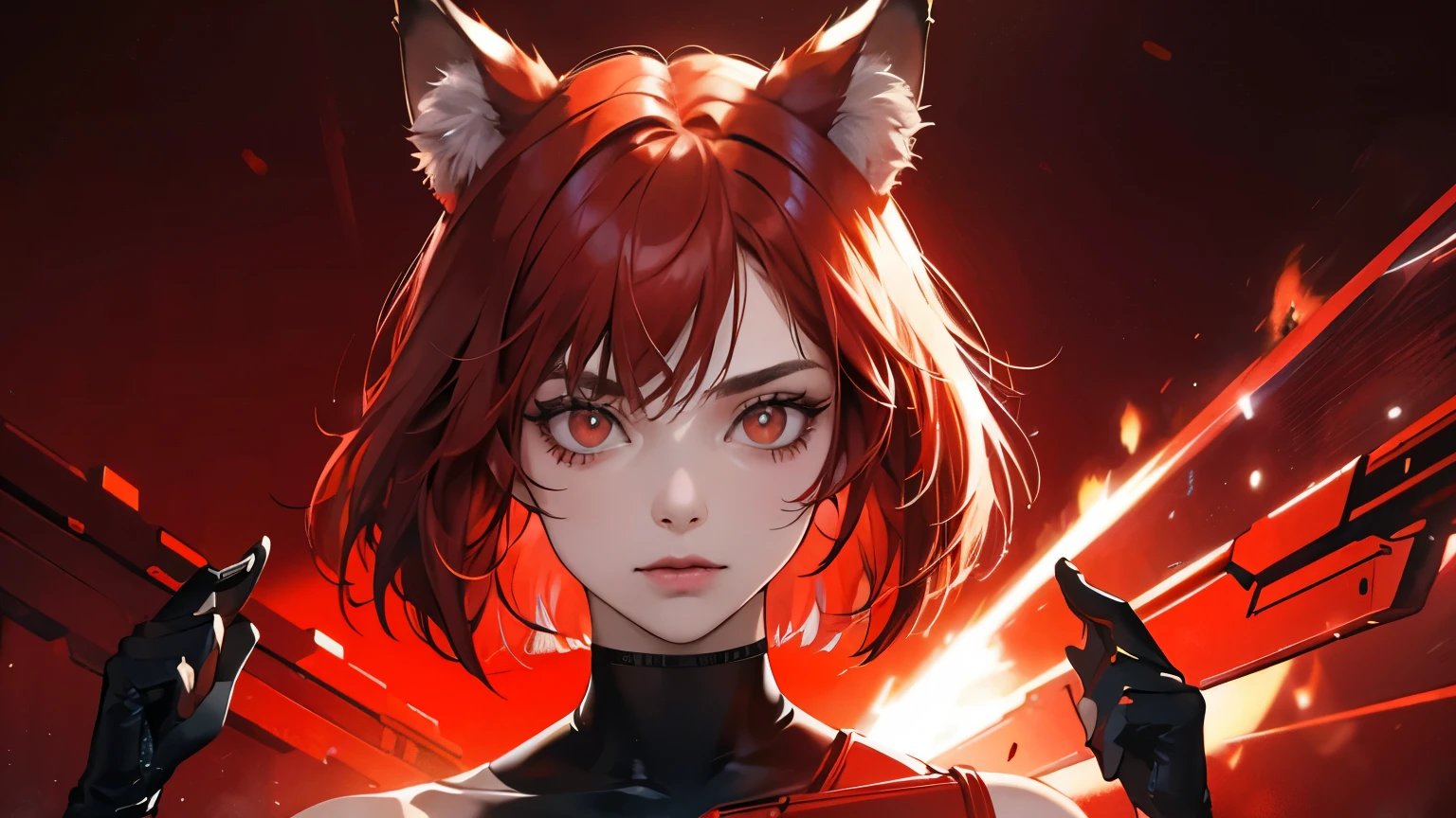 wolf ears,red hair bob cut woman,droopy eyes,front,cyber punk,red background,expressive,Laser hologram,monster,chemical