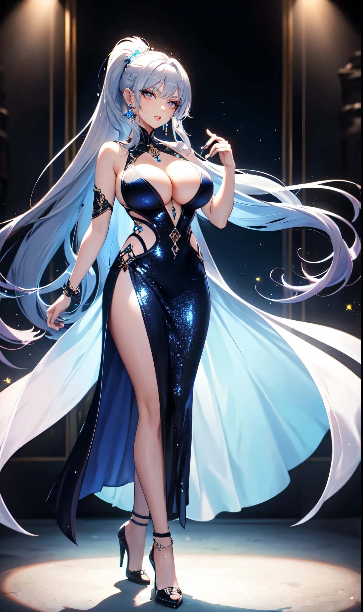 Prom background,Night dance ,Long silver-blue hair,Low ponytail,Standing close-up,dream world,Royal sister,(Elongated danphoenix eyes,eye shadow,long eyelashes),Messy hair,Elongated danphoenix eyes,eye shadow,Contact lenses,(sequin dress,Gorgeous and extremely revealing gown,A large number of expensive jewelry,:2.0),(big breast)ballroom background,(Soft light and shadow:1.9),Intricate body jewelry,High heeled dancing shoes,Detailedly drawn backgrounds