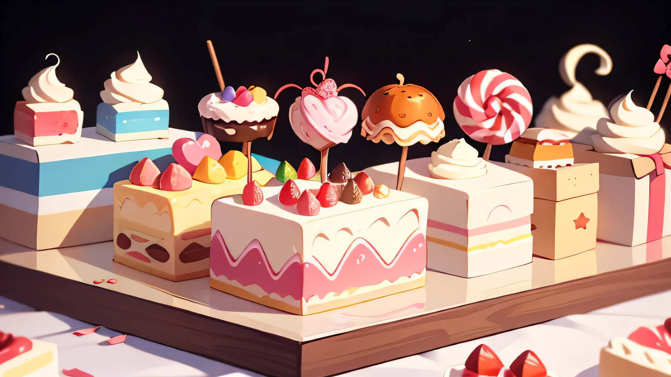 UMA CENA COM MUITOS DOCES, BOLOS e pirulitos, Muitos detalhes, muitos exemplos de doces, Muito cheio, 4k, Lots of information