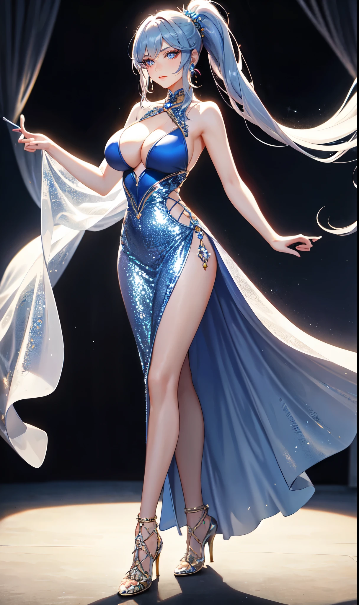 Prom background,Night dance ,Long silver-blue hair,Low ponytail,Standing close-up,dream world,Royal sister,(Elongated danphoenix eyes,eye shadow,long eyelashes),Messy hair,Elongated danphoenix eyes,eye shadow,Contact lenses,(sequin dress,Gorgeous and extremely revealing gown,A large number of expensive jewelry,:2.0),(big breast)ballroom background,(Soft light and shadow:1.9),Intricate body jewelry,High heeled dancing shoes,Detailedly drawn backgrounds