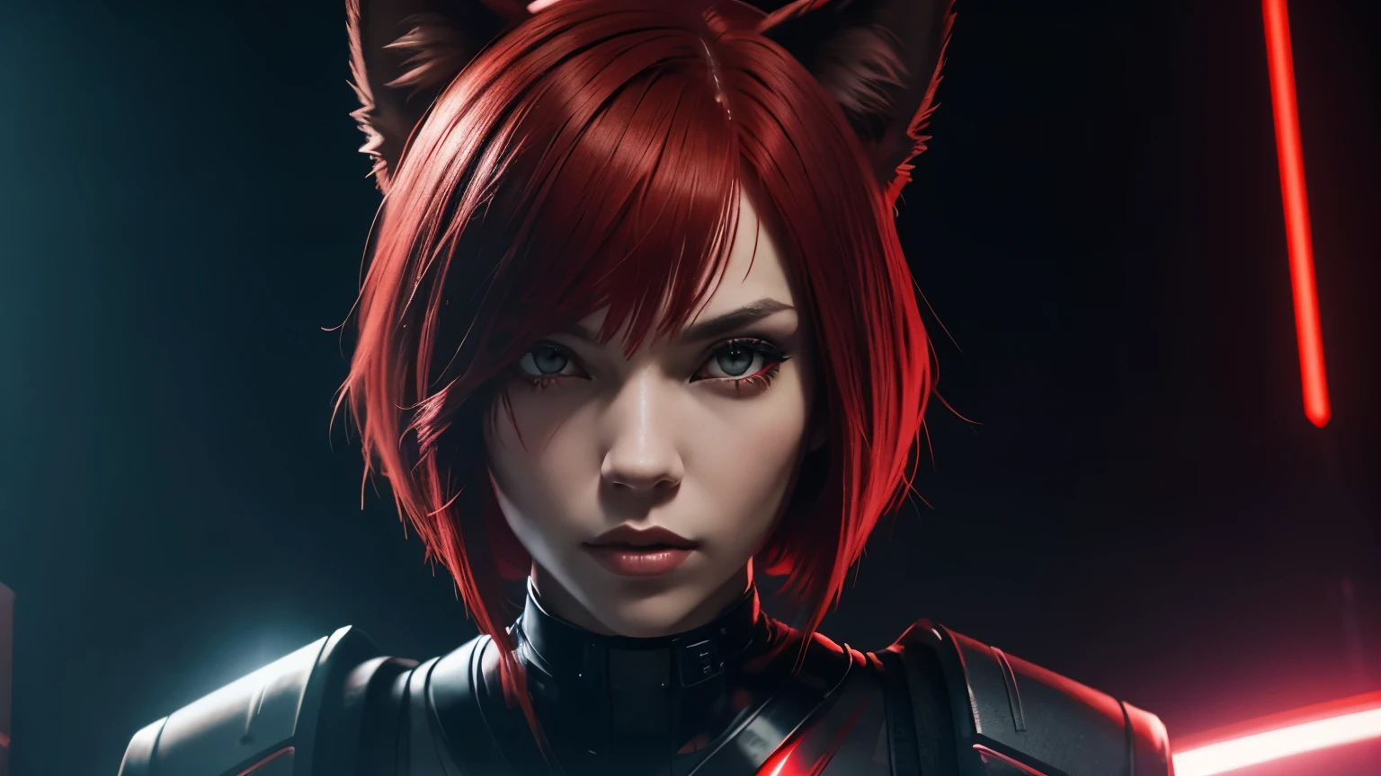 wolf ears，red hair bob cut woman，droopy eyes，front，cyber punk，red background，expressive，Laser hologram，monster，chemical